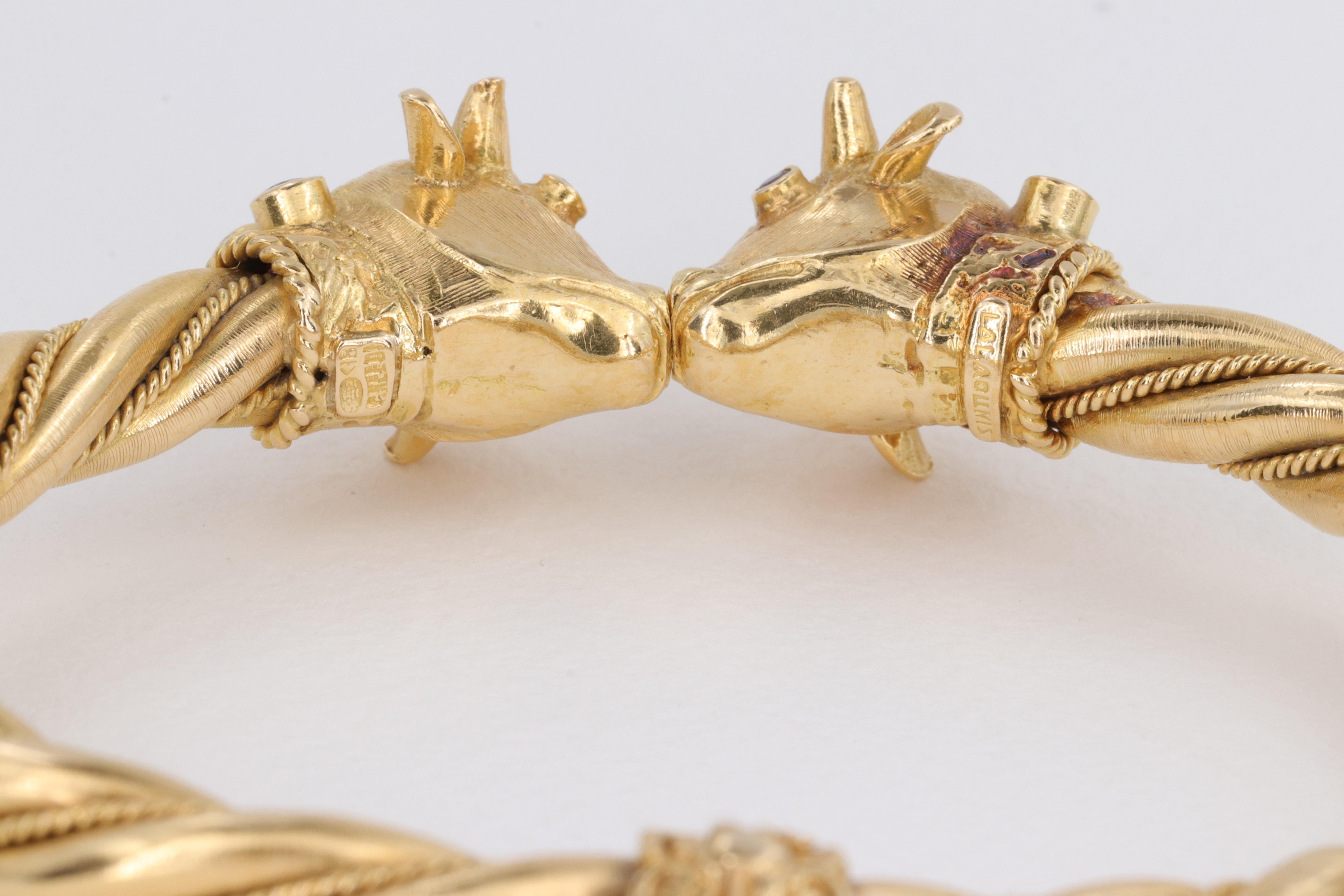 Ilias Lalaounis Bull Bangle Bracelet in Yellow Gold, Ruby & Sapphire In Good Condition For Sale In Tampa, FL