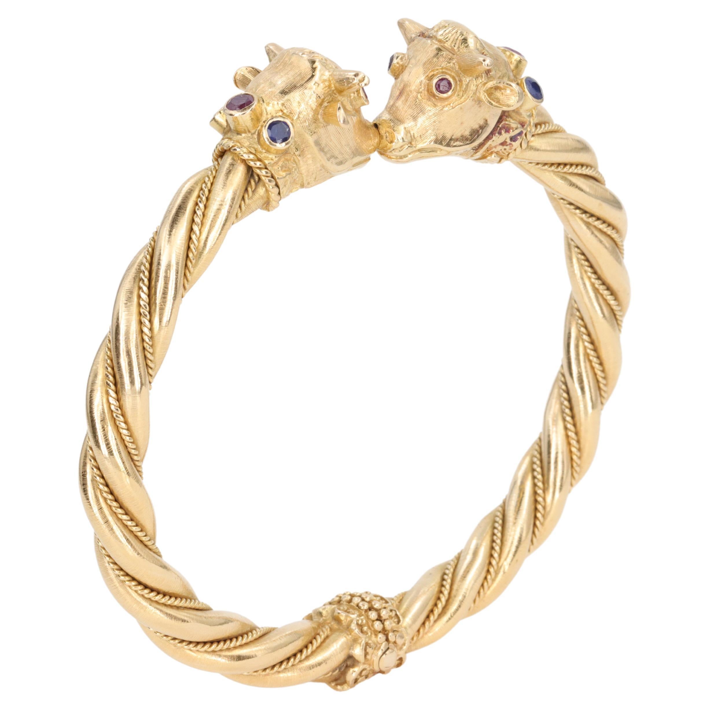 Ilias Lalaounis Bull Bangle Bracelet in Yellow Gold, Ruby & Sapphire For Sale