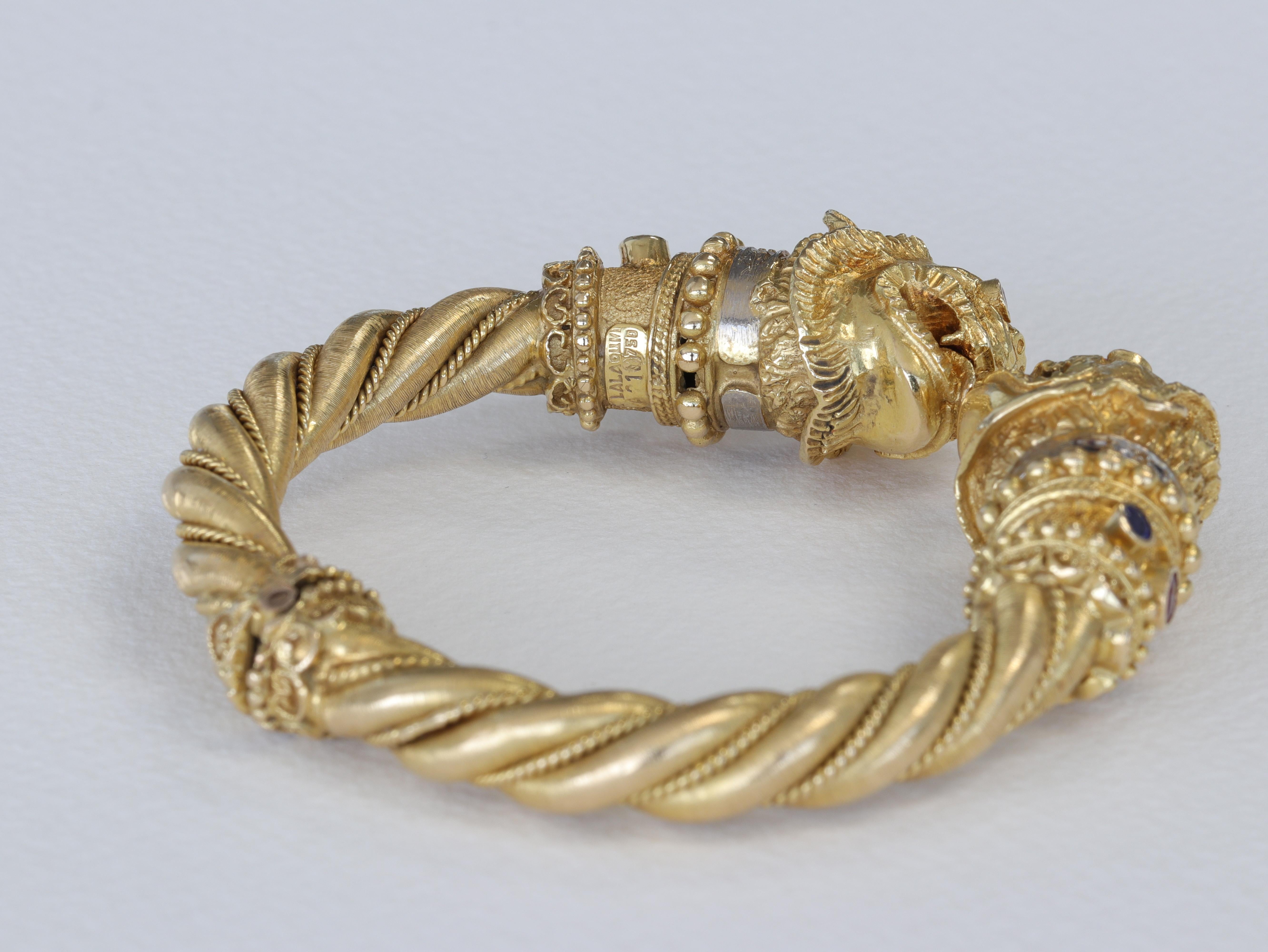 Modern Ilias Lalaounis Chimera Bangle Bracelet in Yellow Gold, Ruby, Diamond & Sapphire For Sale