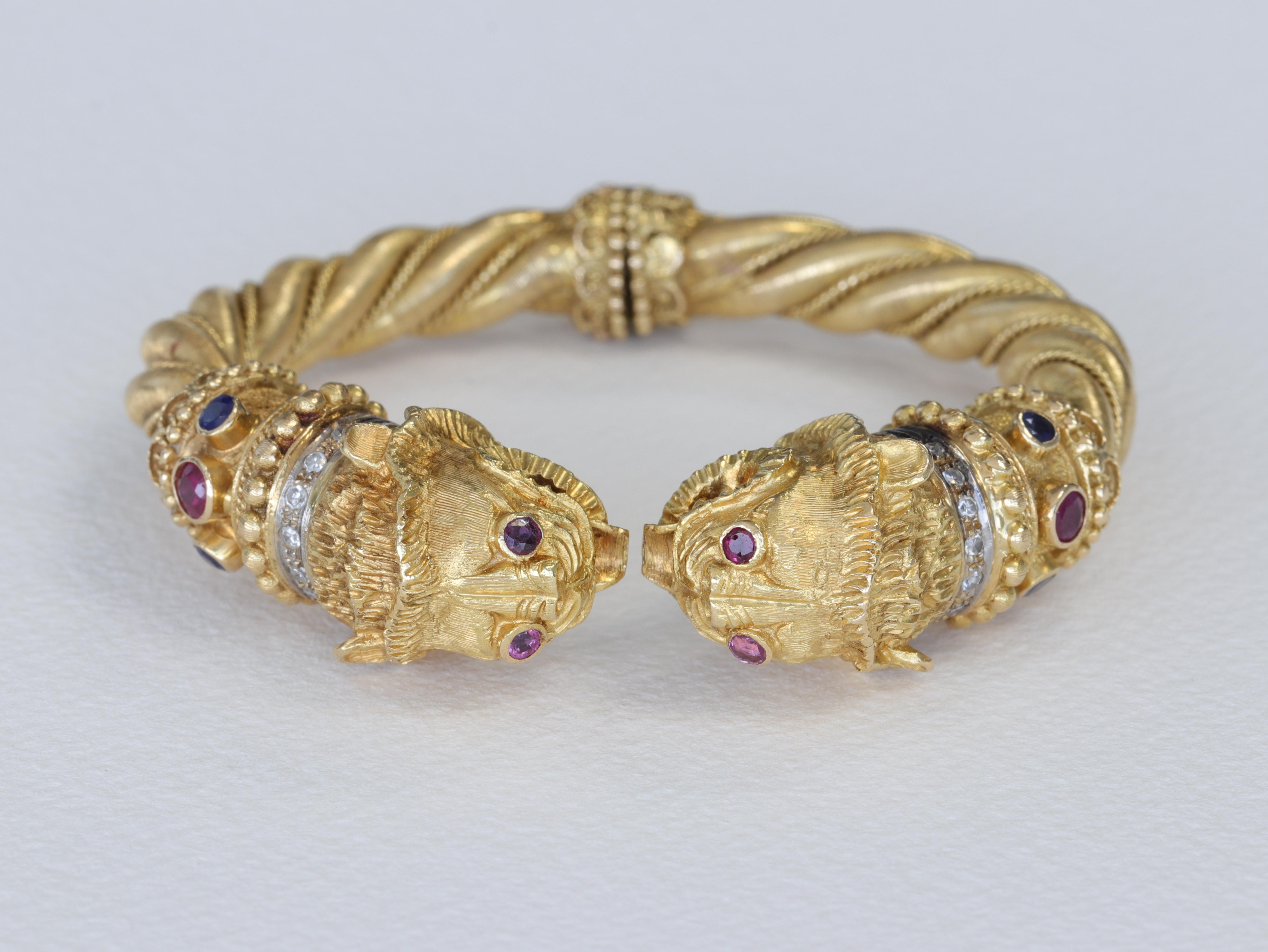 Ilias Lalaounis Chimera Bangle Bracelet in Yellow Gold, Ruby, Diamond & Sapphire In Good Condition For Sale In Tampa, FL