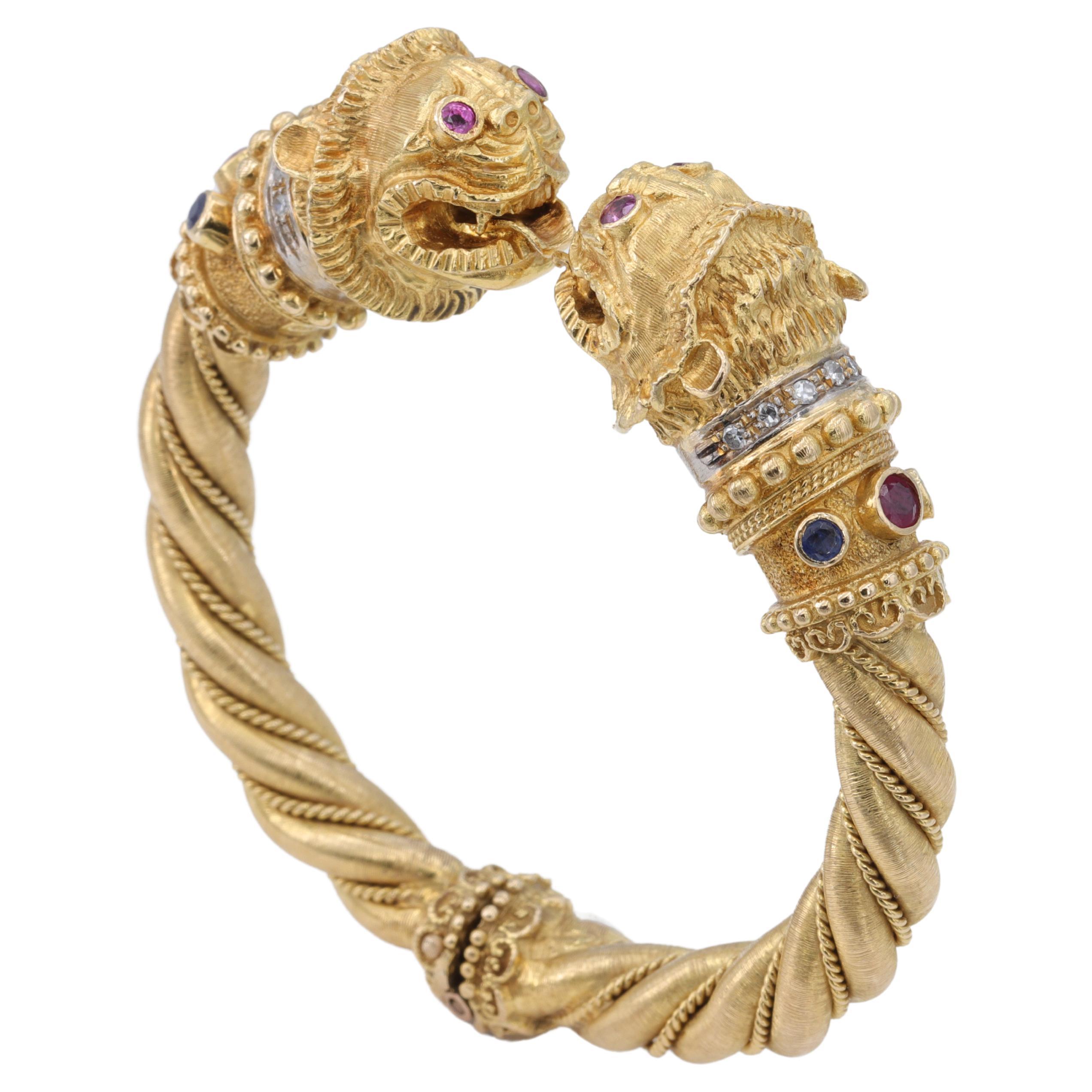 Ilias Lalaounis Chimera Bangle Bracelet in Yellow Gold, Ruby, Diamond & Sapphire For Sale