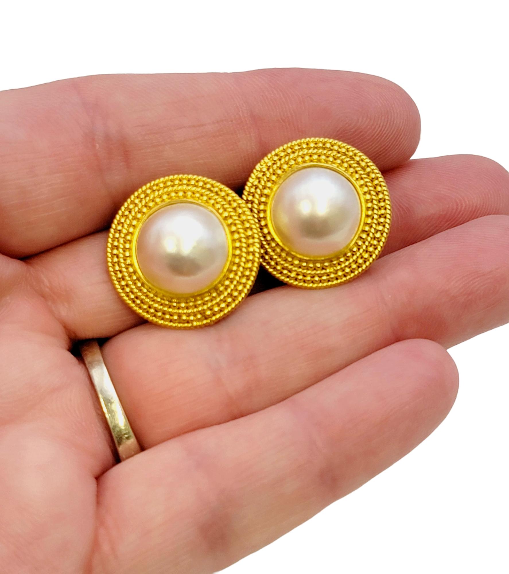 Ilias Lalaounis Cultured Mabe Pearl and Textured Gold Circle Clip on Earrings 5