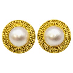 Ilias Lalaounis Cultured Mabe Pearl and Textured Gold Circle Clip on Earrings