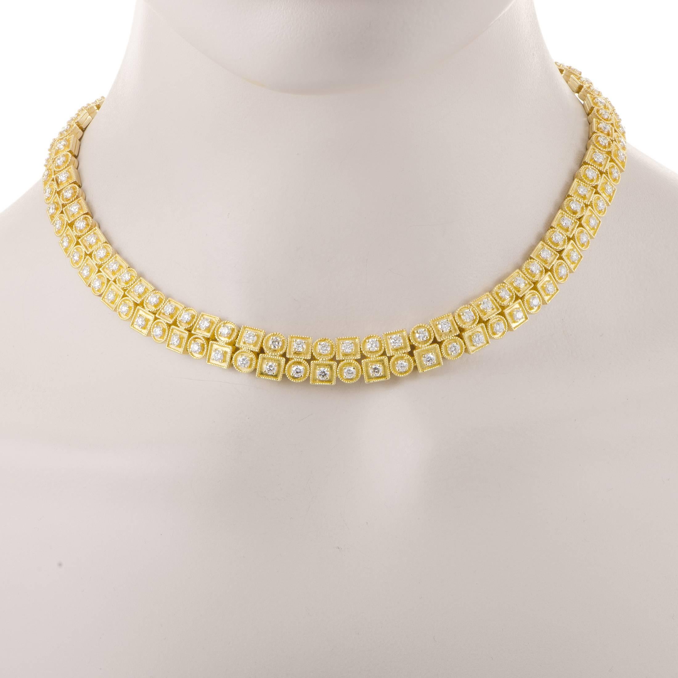 Glamorous, feminine and exceptionally tasteful, this astounding necklace from Ilias Lalaounis is expertly crafted from luxurious 18K yellow gold and neatly embellished with resplendent diamonds amounting to 9.65 carats for a dazzling sight.