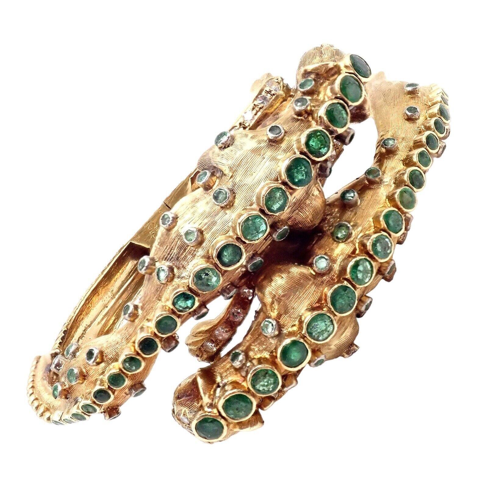 Ilias Lalaounis Diamond Emerald Lioness Yellow Gold Bangle Bracelet For Sale 3