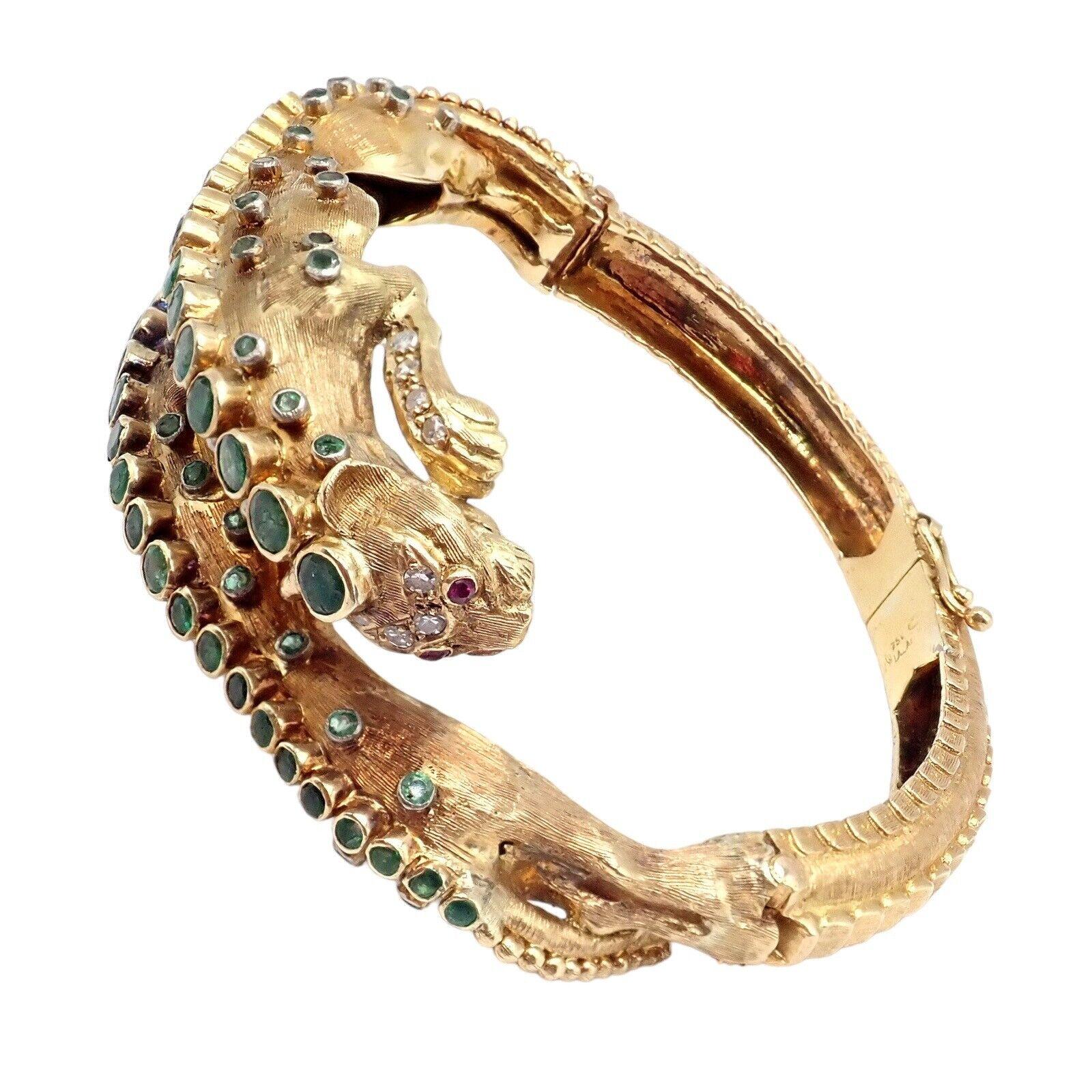 Ilias Lalaounis Diamond Emerald Lioness Yellow Gold Bangle Bracelet For Sale 5