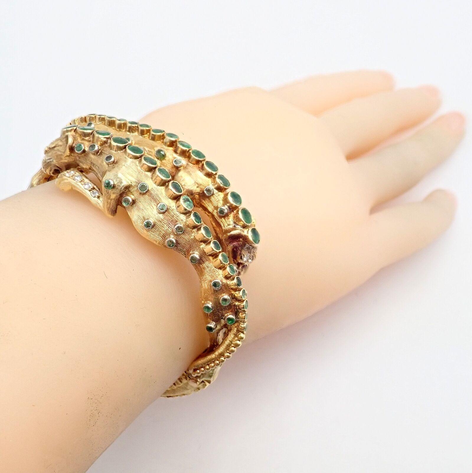 Greek Revival Ilias Lalaounis Diamond Emerald Lioness Yellow Gold Bangle Bracelet For Sale