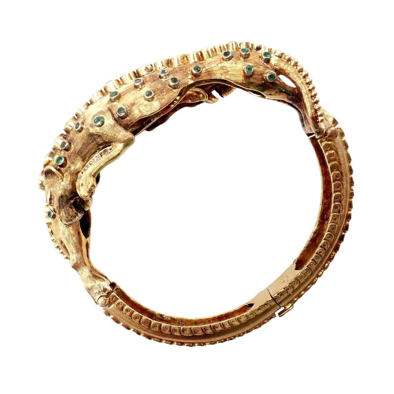 Brilliant Cut Ilias Lalaounis Diamond Emerald Lioness Yellow Gold Bangle Bracelet For Sale