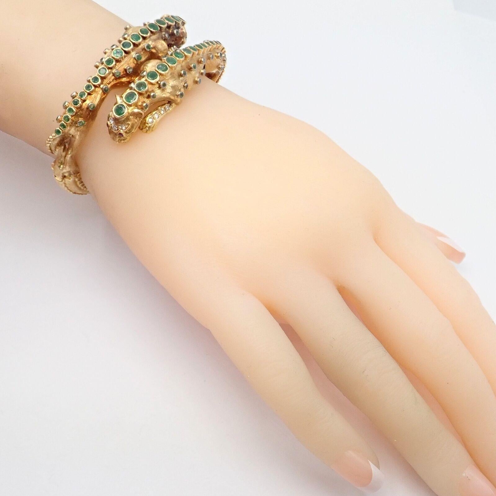 Women's or Men's Ilias Lalaounis Diamond Emerald Lioness Yellow Gold Bangle Bracelet For Sale