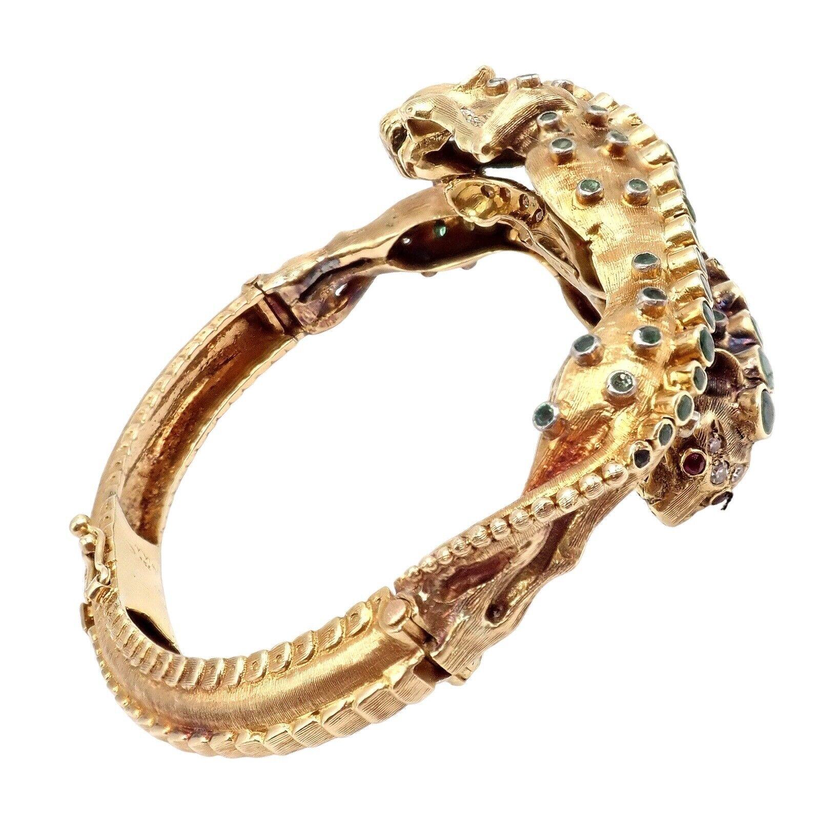 Ilias Lalaounis Diamond Emerald Lioness Yellow Gold Bangle Bracelet For Sale 1