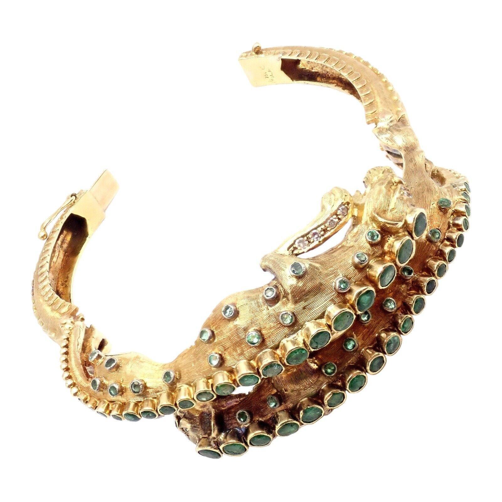 Ilias Lalaounis Diamond Emerald Lioness Yellow Gold Bangle Bracelet For Sale 2