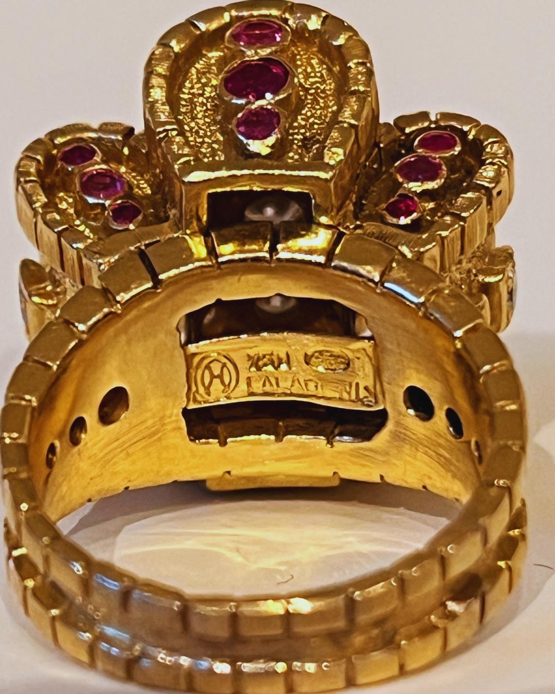 Revival Ilias Lalaounis Diamond, Ruby and 18 Karat Yellow Gold Cocktail Ring Circa 1950 For Sale