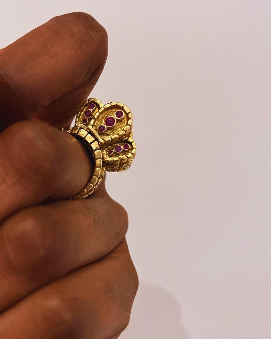 Women's or Men's Ilias Lalaounis Diamond, Ruby and 18 Karat Yellow Gold Cocktail Ring Circa 1950 For Sale