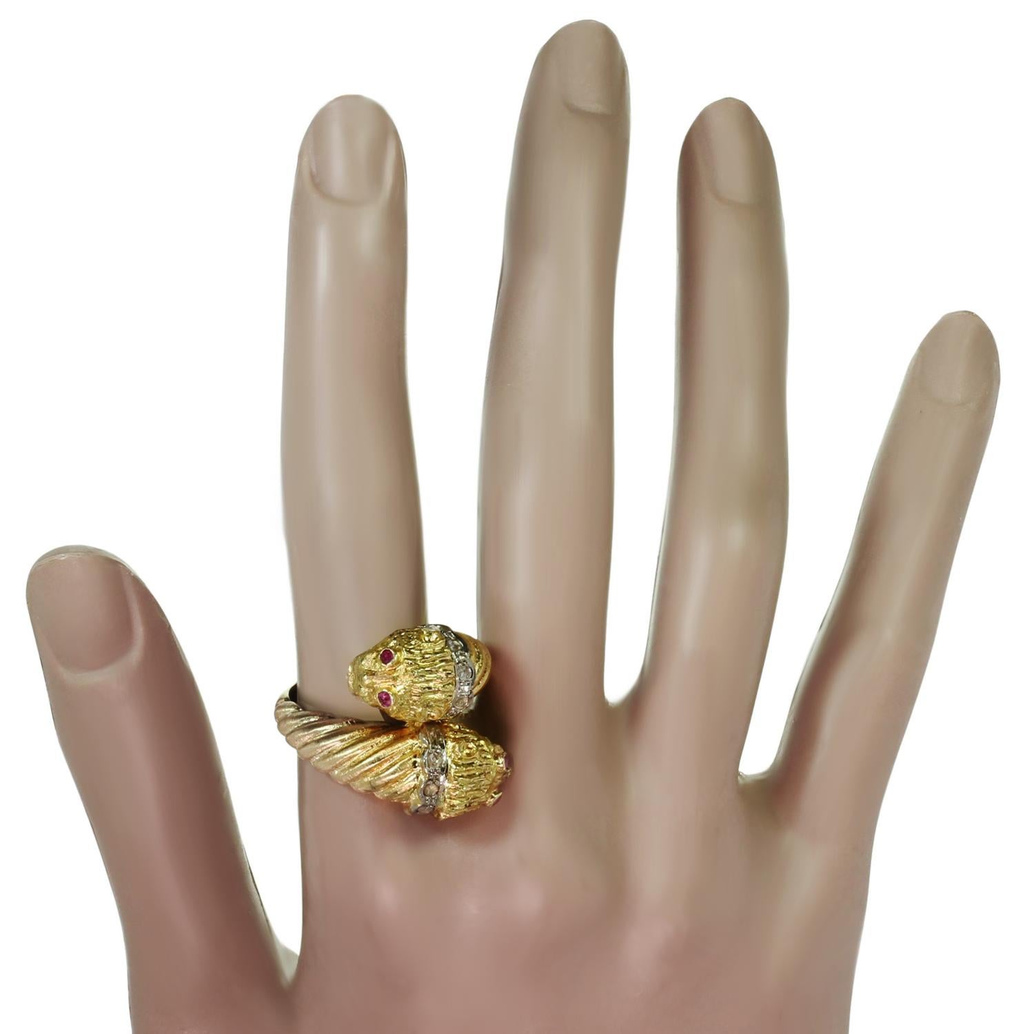 Ilias Lalaounis Diamant-Rubin-Gold-Doppelkopf-Chimera-Ring (Rosenschliff)