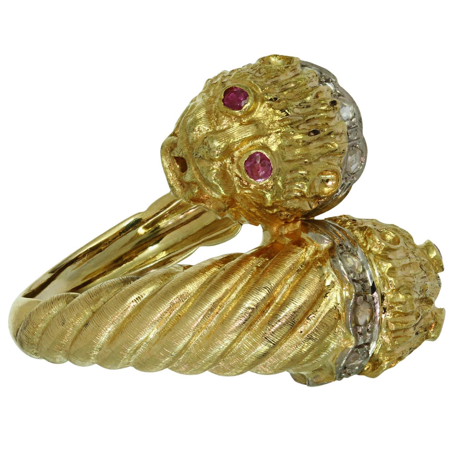 Ilias Lalaounis Diamant-Rubin-Gold-Doppelkopf-Chimera-Ring im Zustand „Hervorragend“ in New York, NY