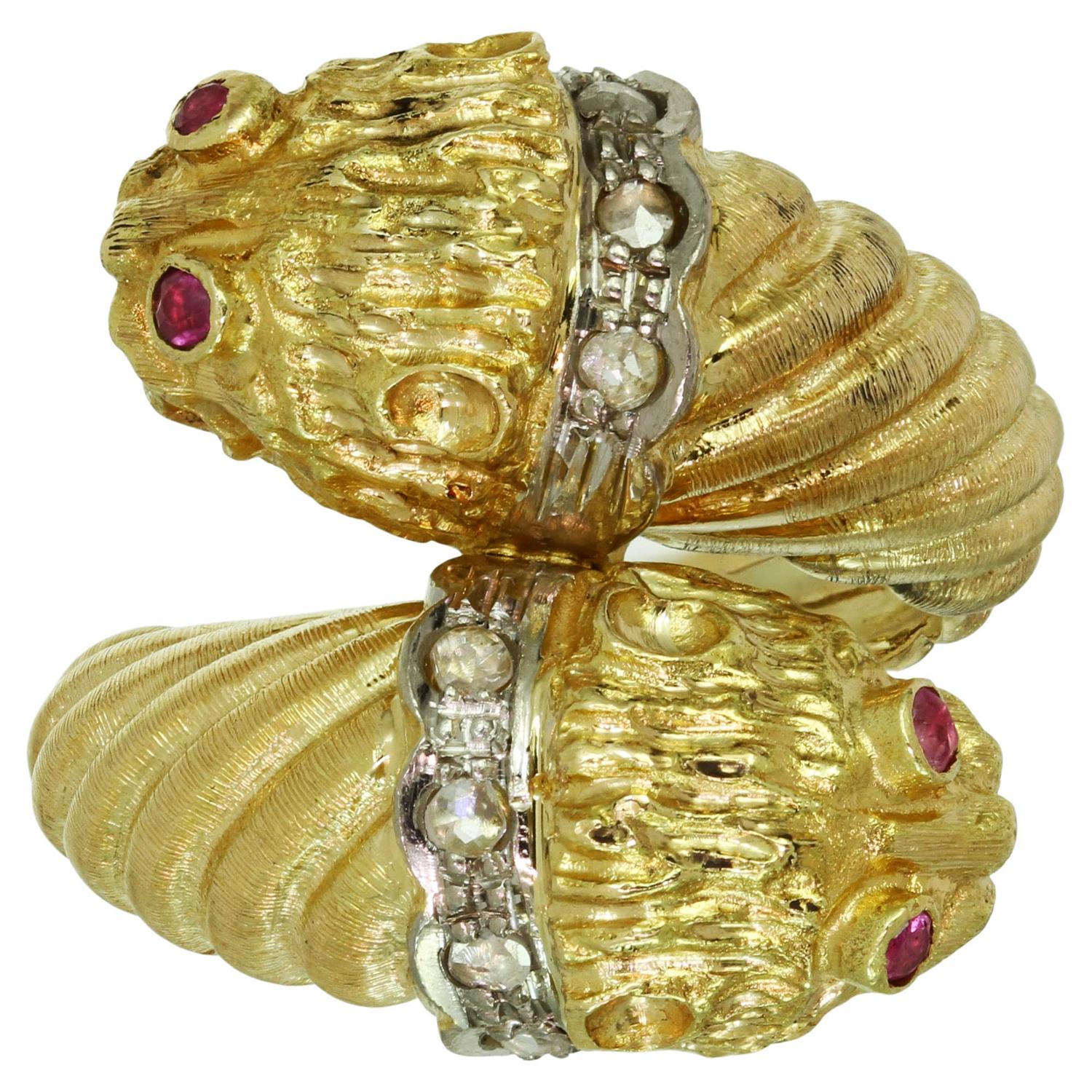 Ilias Lalaounis Diamant-Rubin-Gold-Doppelkopf-Chimera-Ring Damen