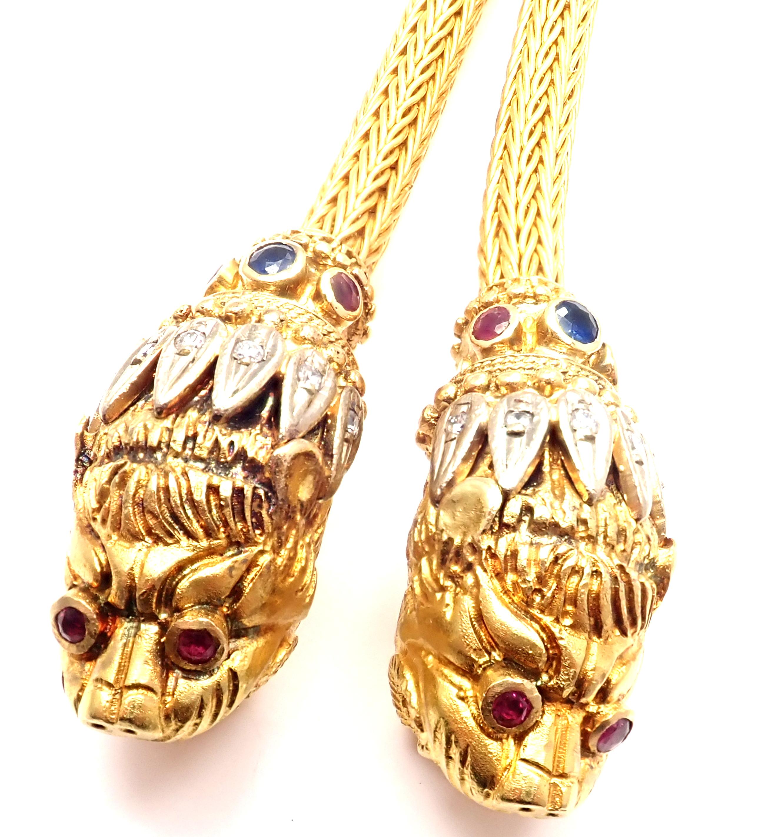 18k Yellow Gold Diamond Ruby Sapphire Chimera Long Lariat Necklace by Ilias Lalaounis Greece.
With2x Sapphires
12x Diamonds
20x Rubies
Details: 
Length 37.5