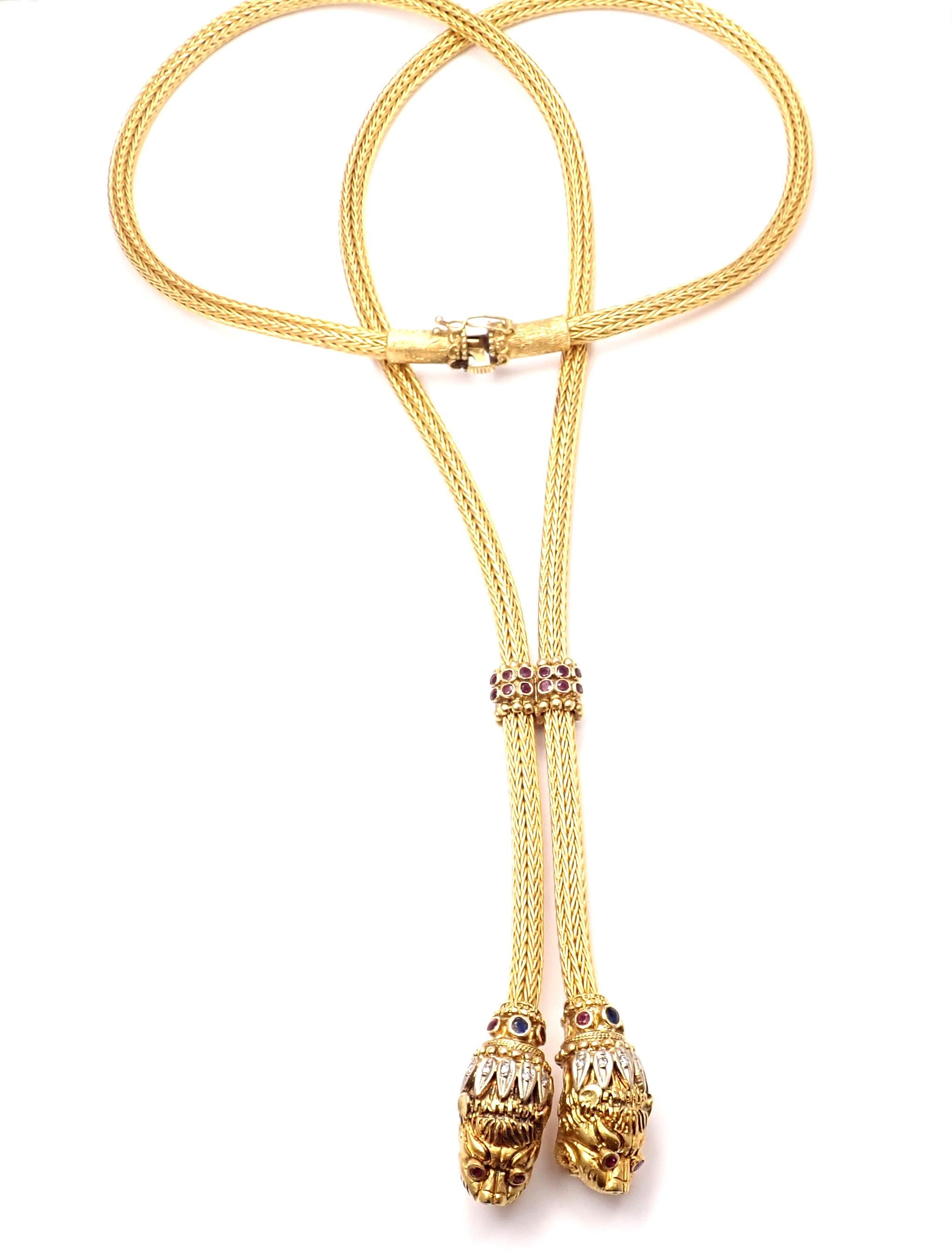 Women's or Men's Ilias Lalaounis Diamond Ruby Sapphire Chimera Lariat Yellow Gold Necklace
