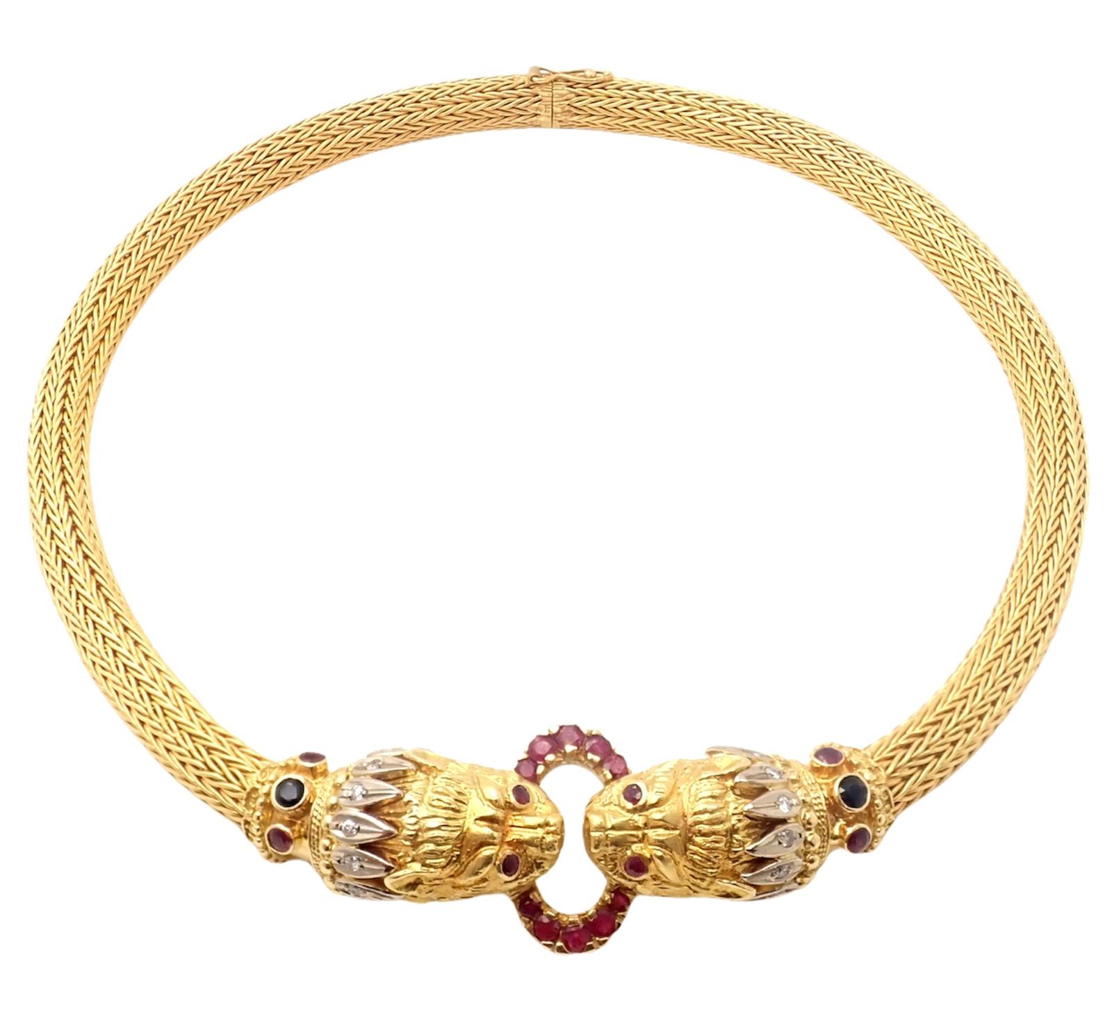 Women's or Men's Ilias Lalaounis Diamond Ruby Sapphire Chimera Yellow Gold Collar Necklace