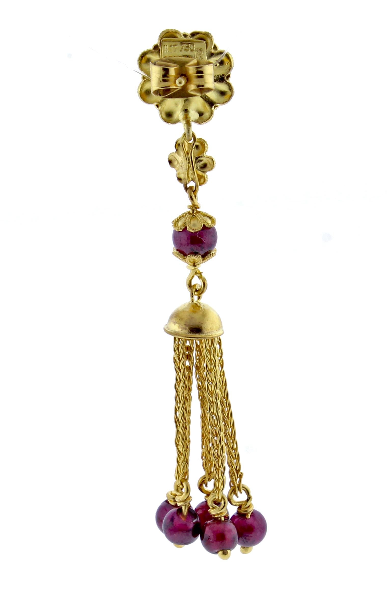 From acclaimed Greek jeweler Ilias Lalaounis, this pair tassel necklace. The 18 karat gold earrings are   comprised of 5 tassels  terminating with a garnet bead. 13.4 grams , 2½ inches long