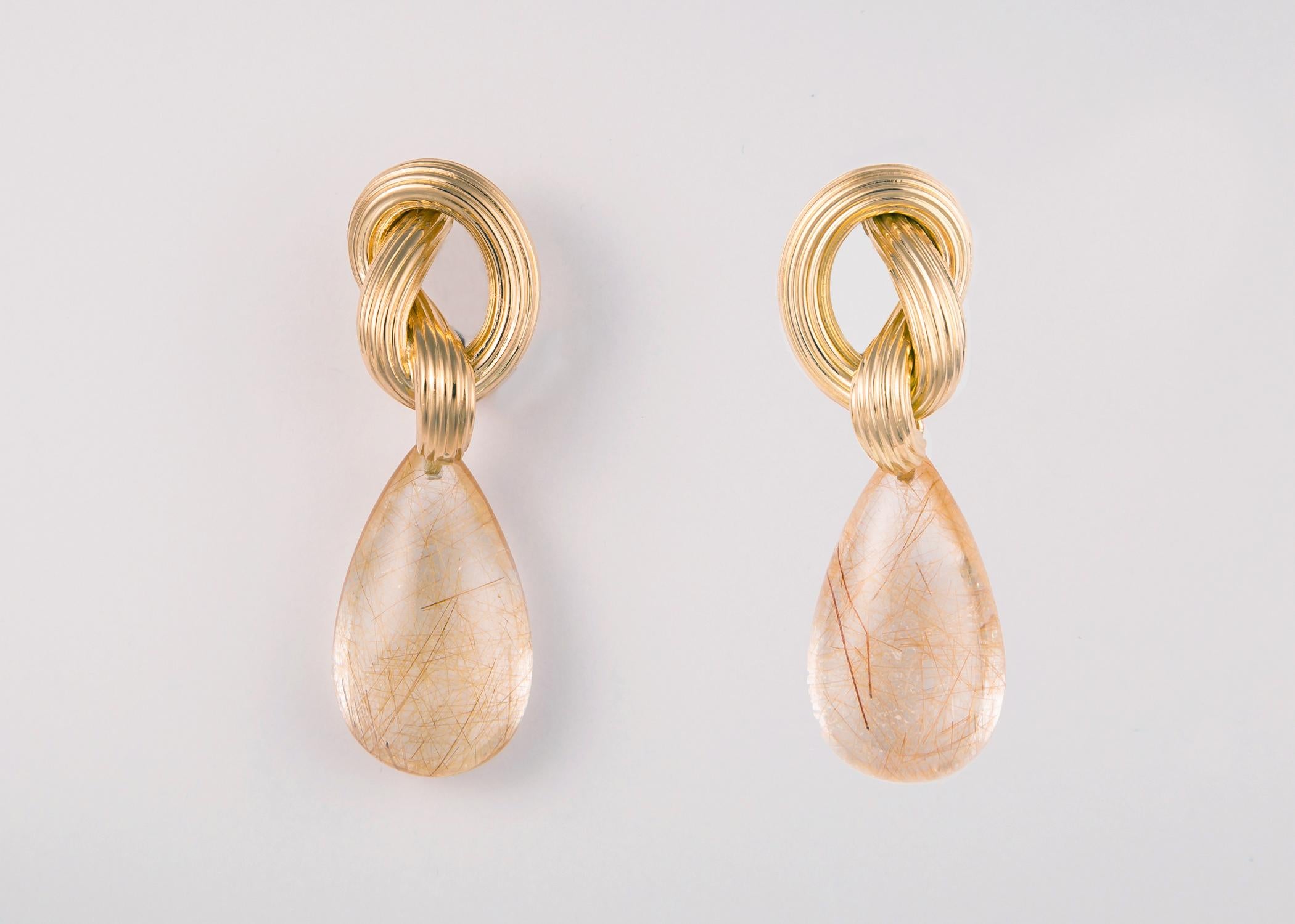 Contemporary Ilias Lalaounis Gold and Rutilated Quartz Drop Earrings
