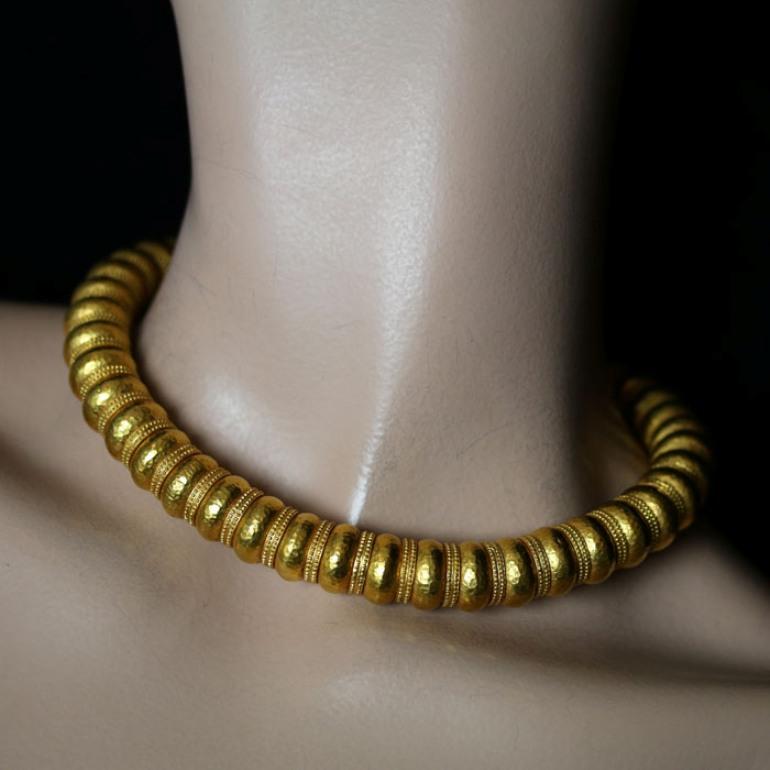 Hellenistic Ilias Lalaounis Gold Bead Necklace with Hammered Finish and Textured Rondels