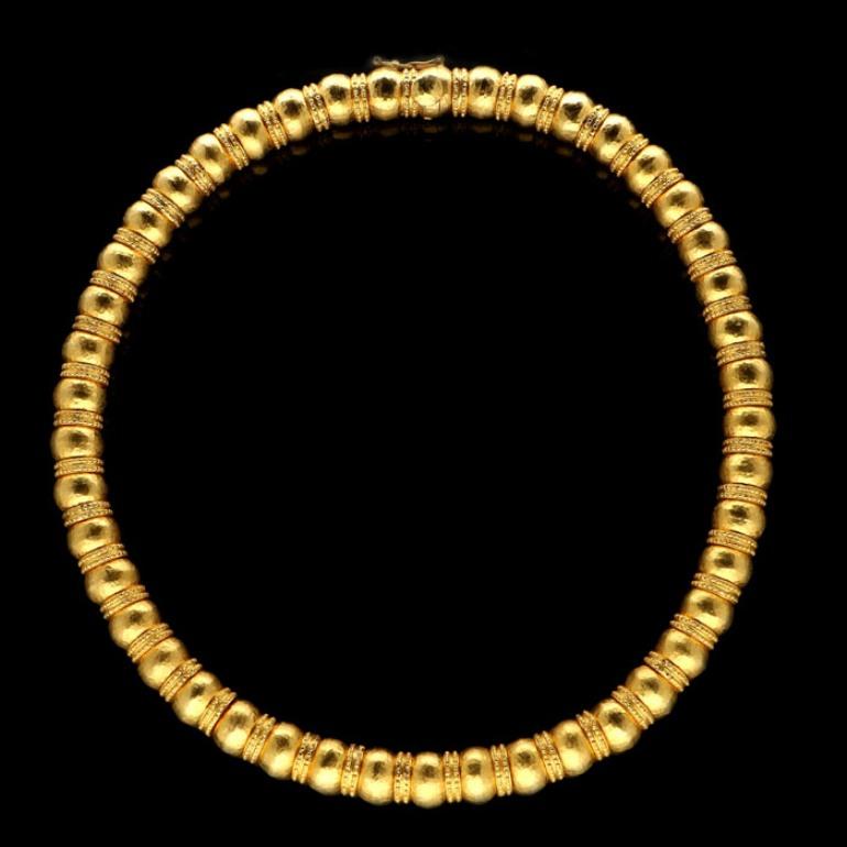 Ilias Lalaounis Gold Bead Necklace with Hammered Finish and Textured Rondels In Good Condition In London, GB