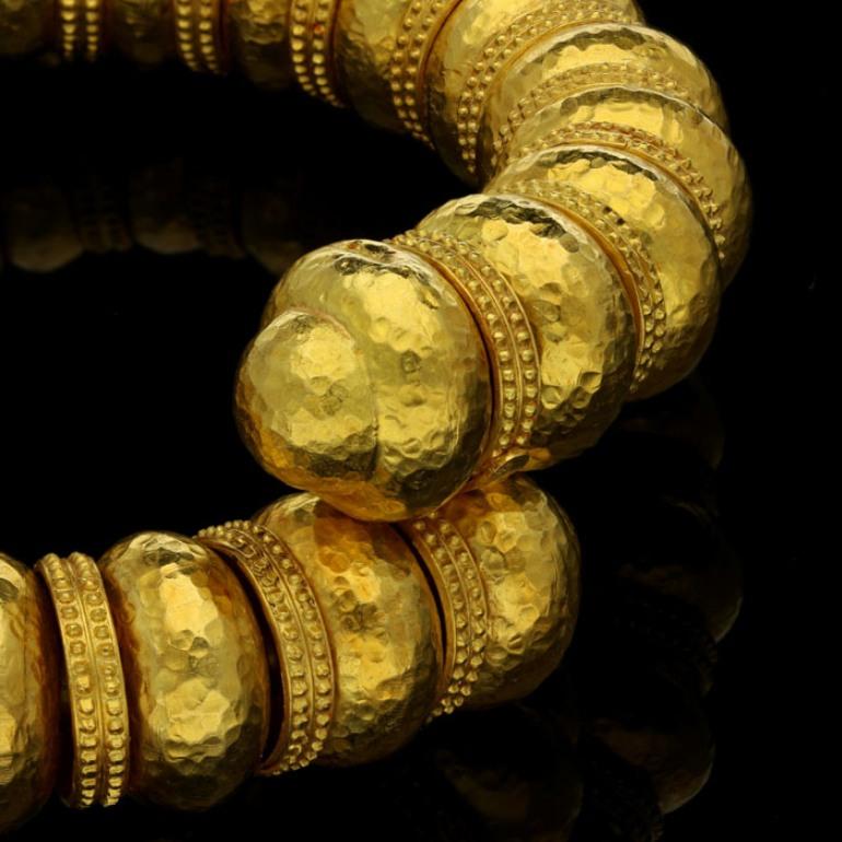 Ilias Lalaounis Gold Bead Open Sprung with Hammered Finish and Textured Bracelet 1