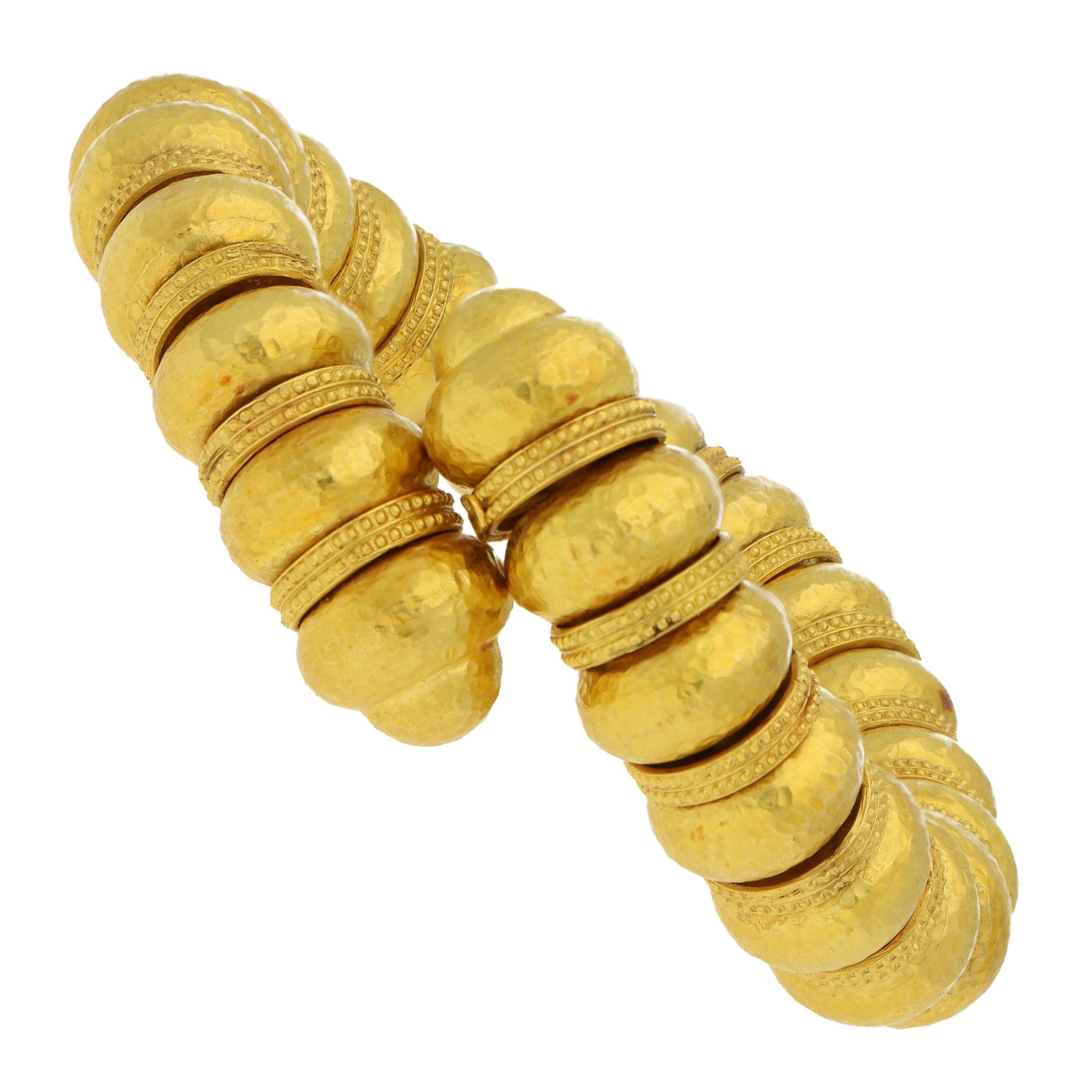 Ilias Lalaounis Gold Bead Open Sprung with Hammered Finish and Textured Bracelet