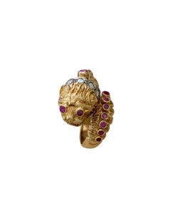 Ilias Lalaounis Gold Diamond and Ruby Chimera Lion's Head Ring