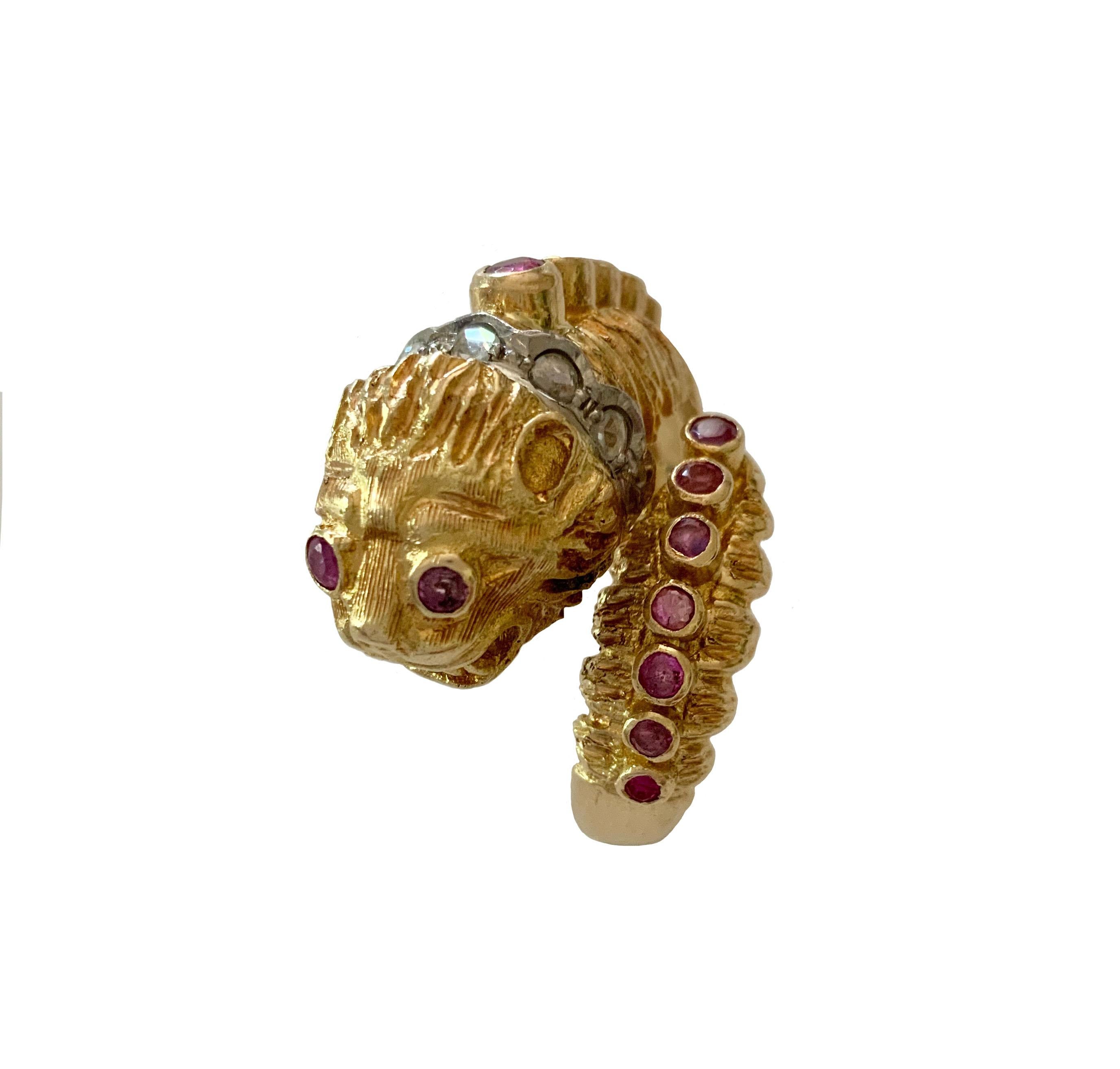 Rose Cut Ilias Lalaounis Gold Diamond and Ruby Chimera Lion's Head Ring