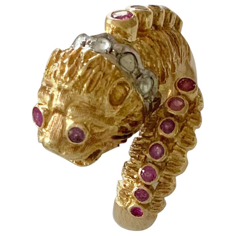 Ilias Lalaounis Gold Diamond and Ruby Chimera Lion's Head Ring