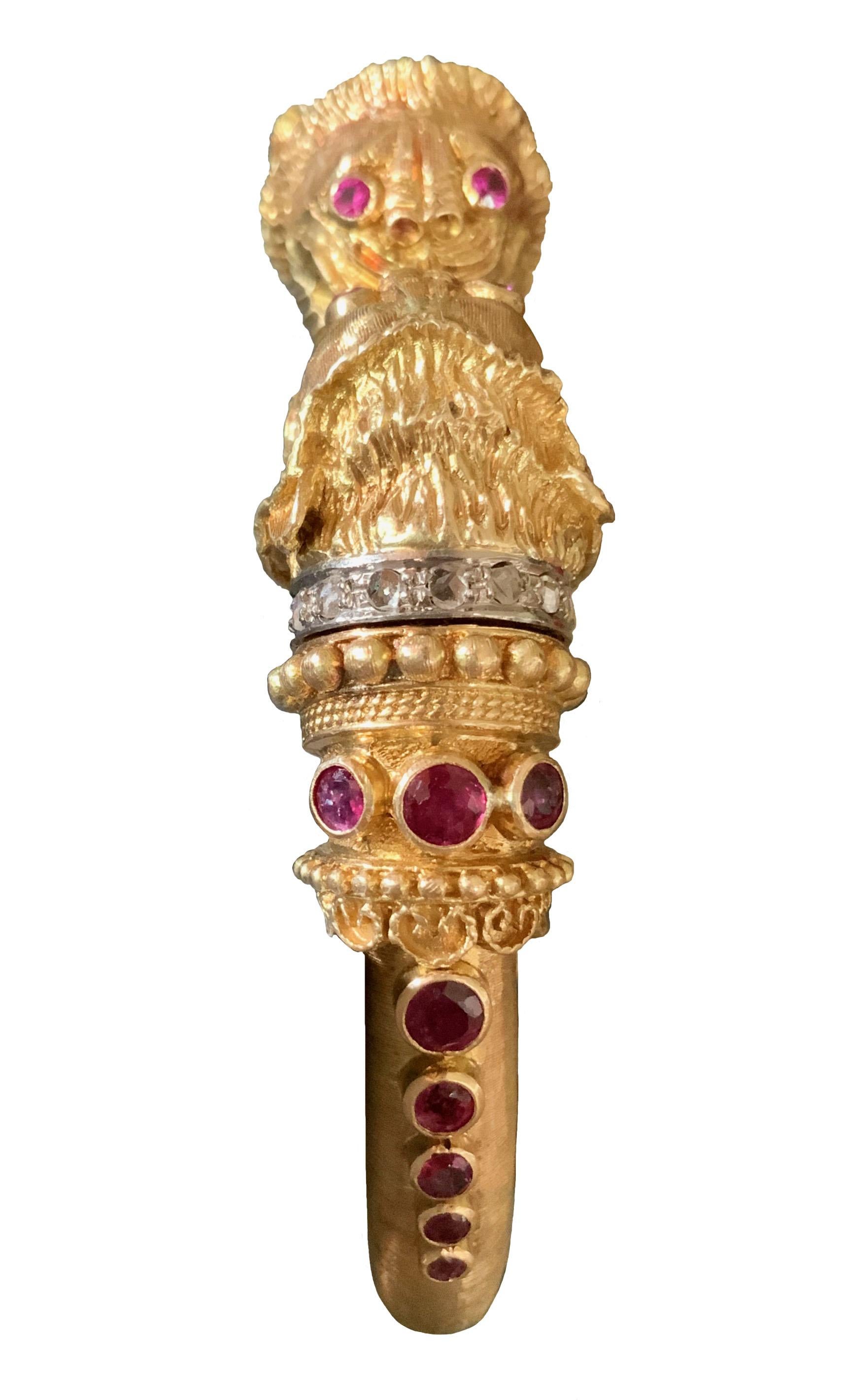 Brilliant Cut Ilias Lalaounis Gold Diamond and Ruby Lion's Head Bangle Bracelet