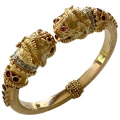 Ilias Lalaounis Gold Diamond and Ruby Lion's Head Bangle Bracelet