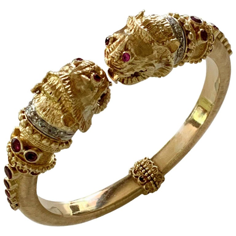 Ilias Lalaounis Gold Diamond and Ruby Lion's Head Bangle Bracelet at 1stDibs