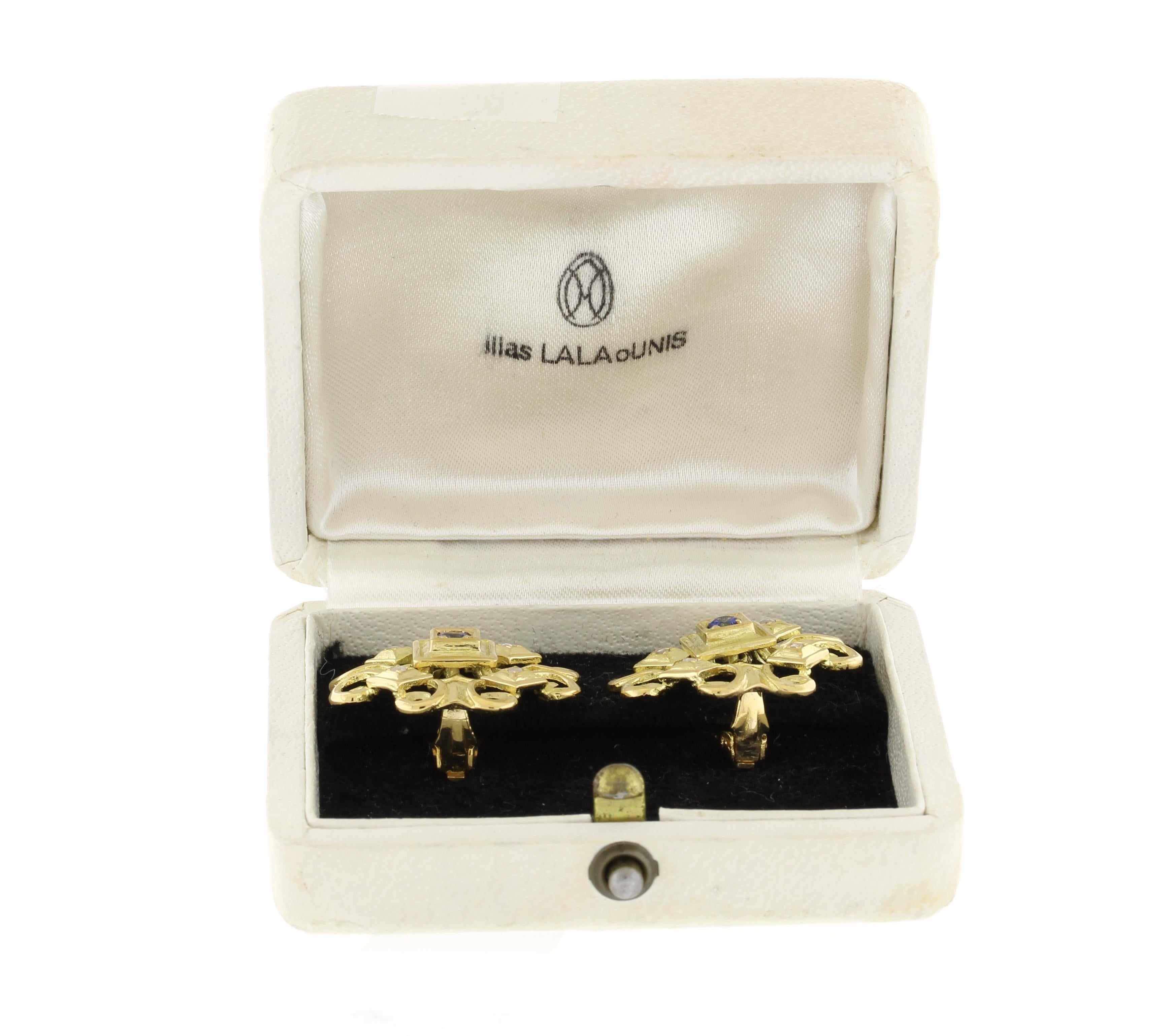 Ilias Lalaounis  Geometrische Ohrringe aus Gold mit Saphiren und Diamanten im Zustand „Gut“ in Bethesda, MD