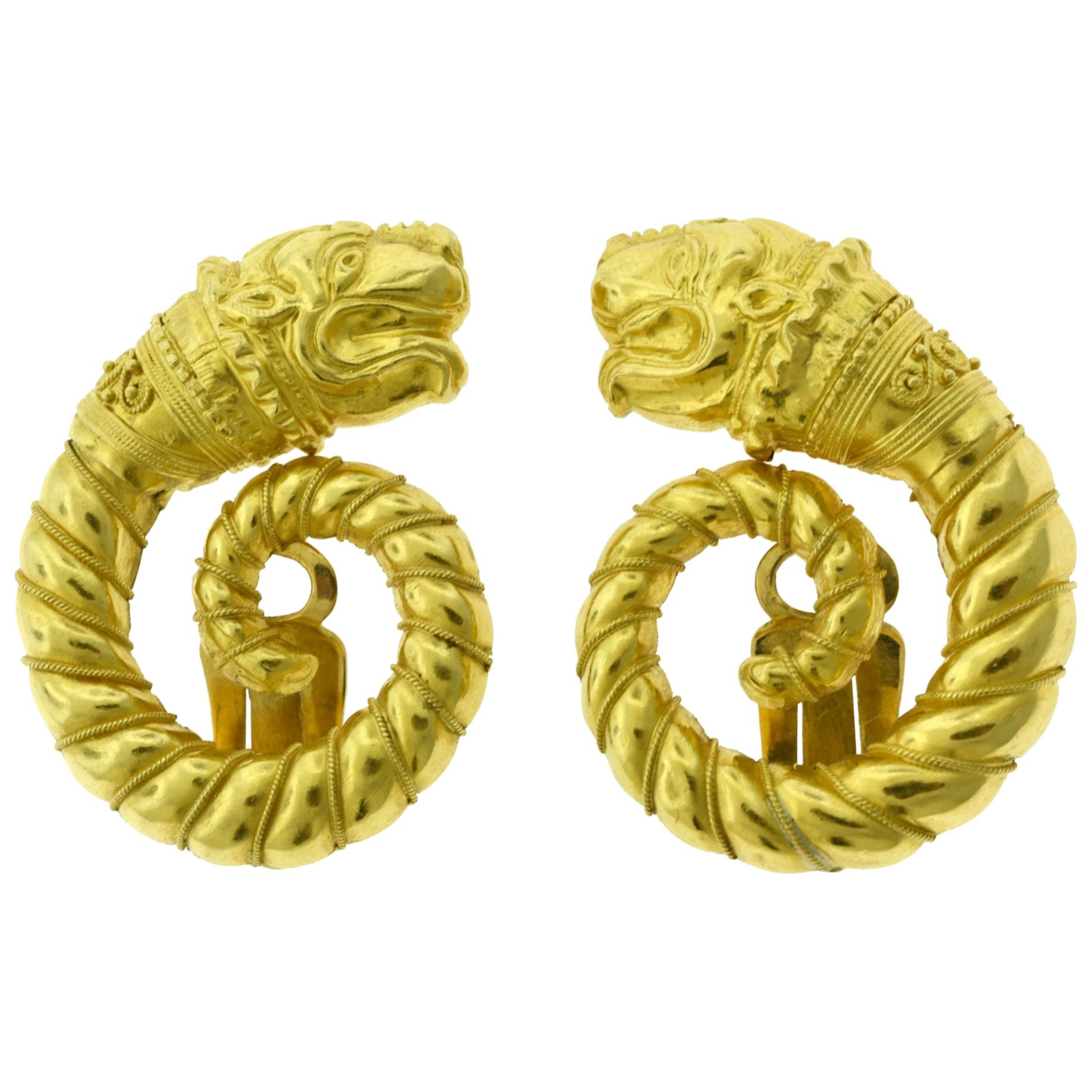 Ilias Lalaounis Greece 18 Karat Yellow Gold Large Ram Swirl Clip-On Earrings