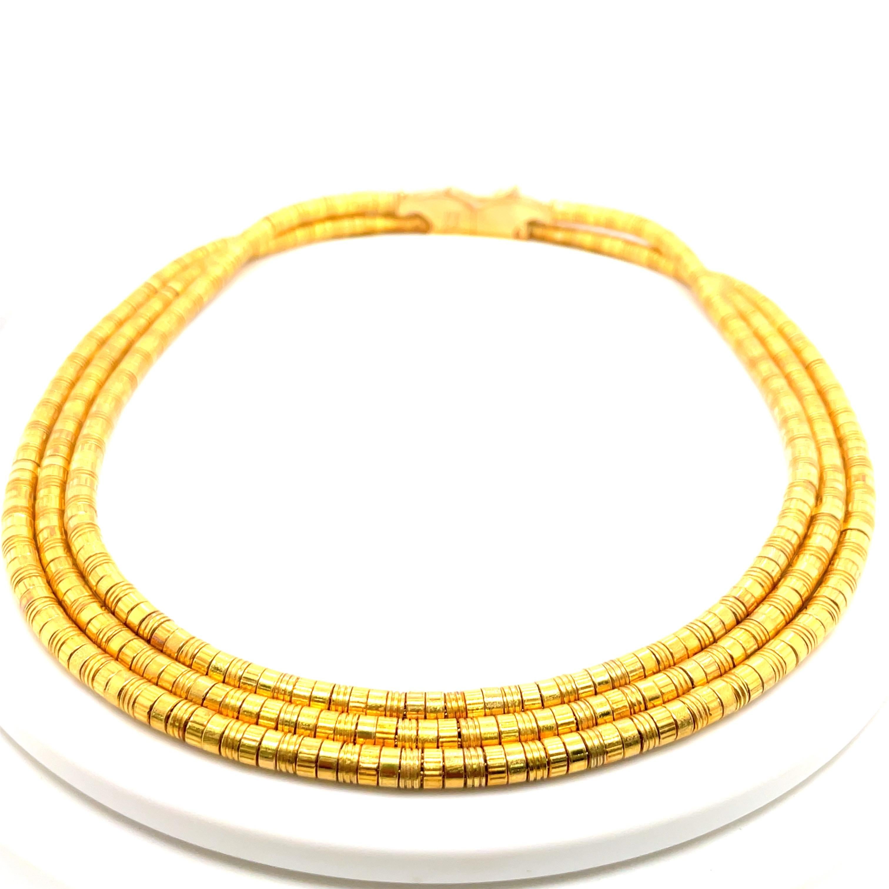 Women's or Men's Ilias Lalaounis Greece 18 Karat Yellow Gold Three Row Collar Necklace 127 Grams