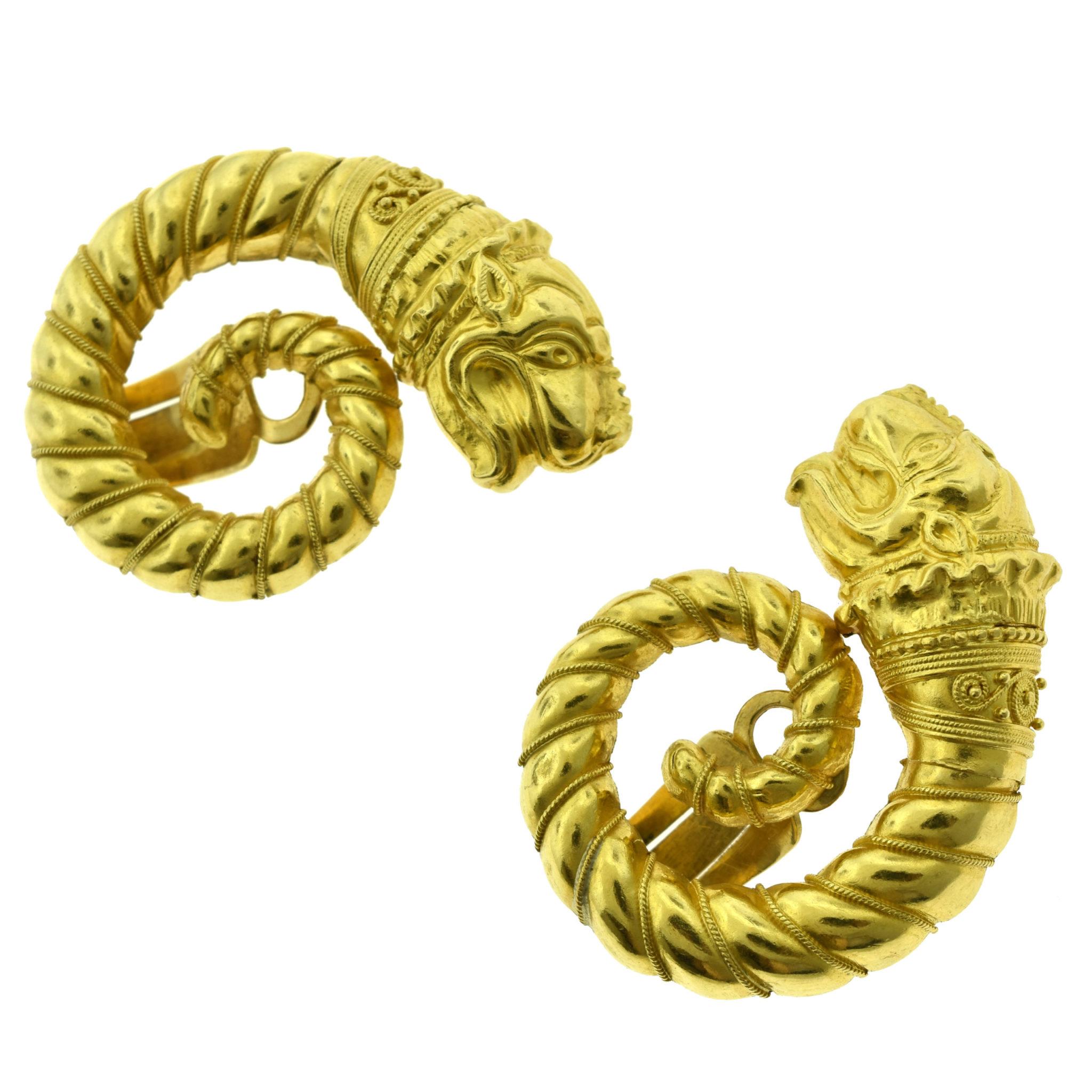 Designer: Ilias Lalaounis

Style: Clip On Earrings

Metal: Yellow Gold

Metal Purity: 18k

Total Item Weight (grams):  29.0

Earring Dimensions: 1.25 inches x 1.75 inches

Hallmark: A.8 750

Signature: GREECE

Includes: 24 Month Brilliance Jewels