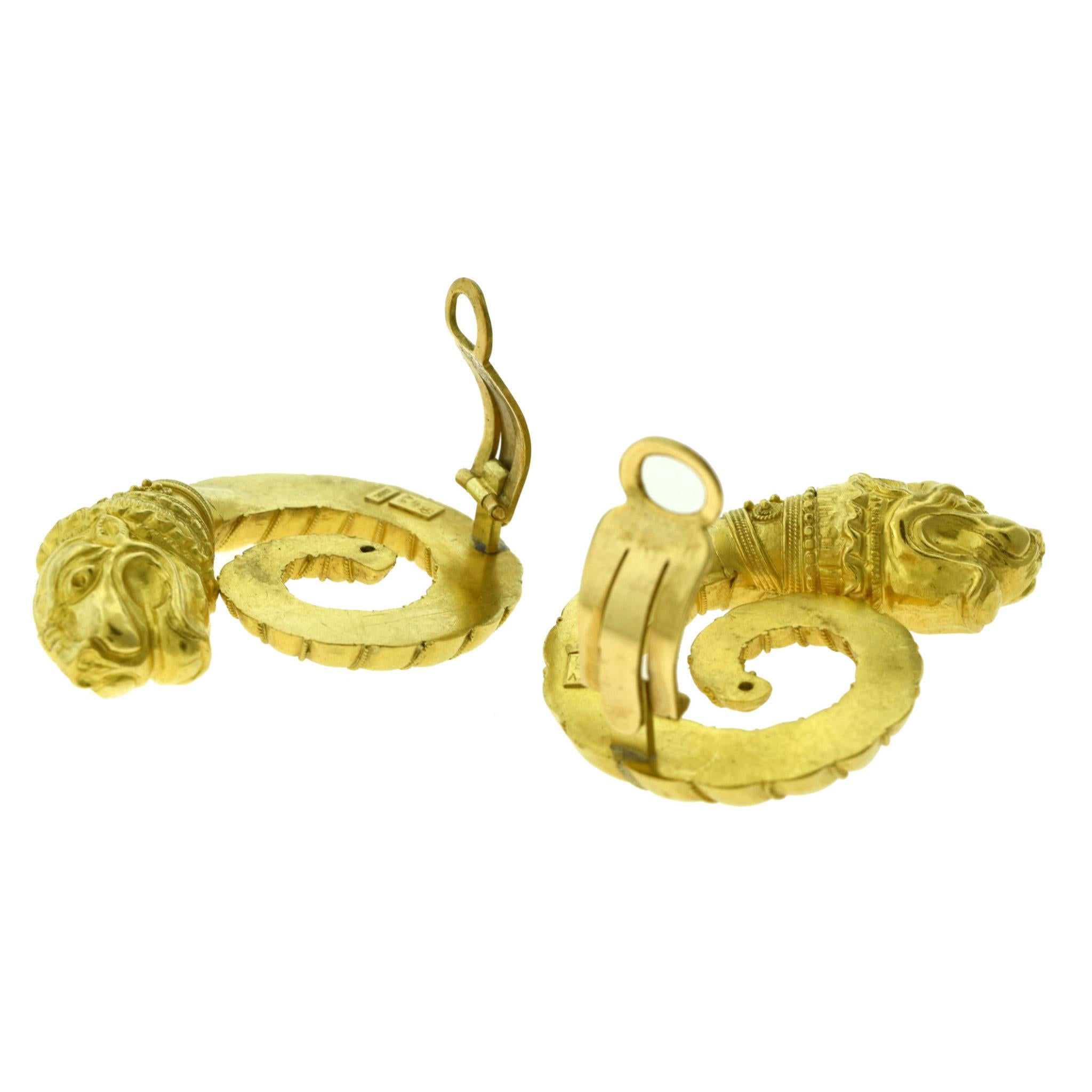 Ilias Lalaounis Greece 18 Karat Yellow Gold Large Ram Swirl Clip-On Earrings In Excellent Condition In Miami, FL
