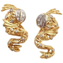 Vintage  Ilias Lalaounis Greece Fish Diamond Yellow Gold Earrings