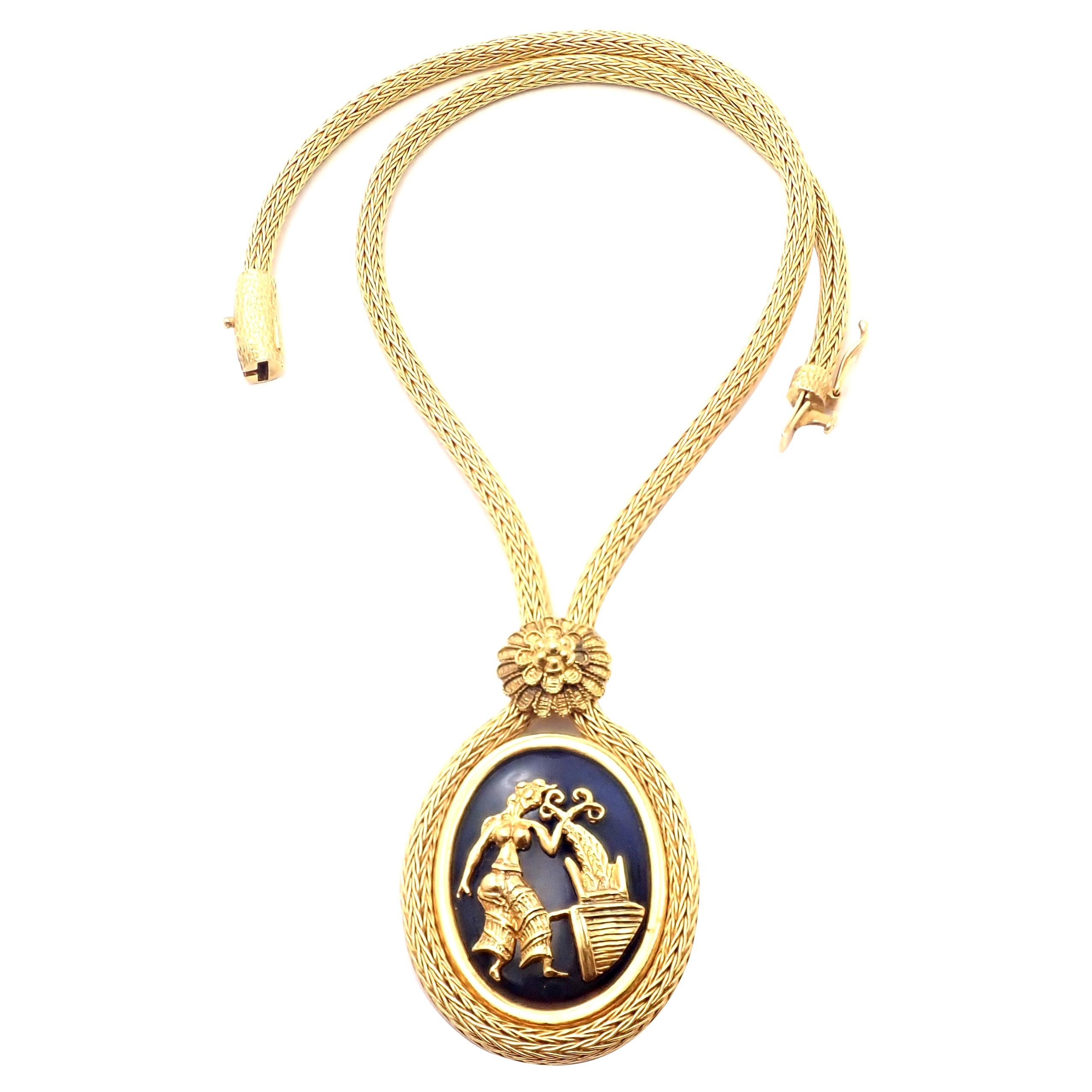 Ilias Lalaounis Greece Sodalite Yellow Gold Pendant Lariat Necklace