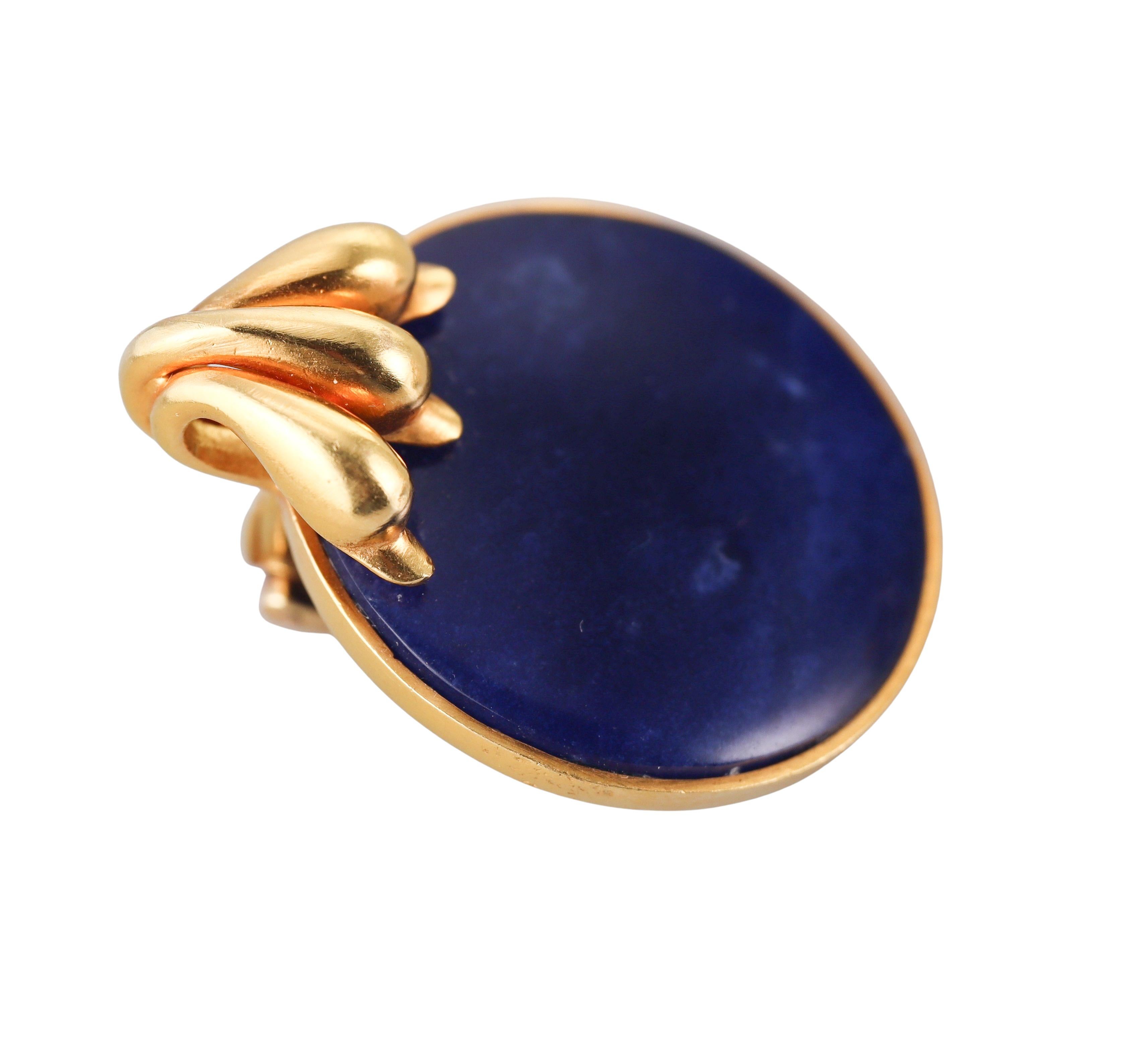 A pair of large 18k yellow gold earrings, designed by iconic Greek designer Ilias Lalaounis, with blue sodalite. 
Earrings measure 1 3/8