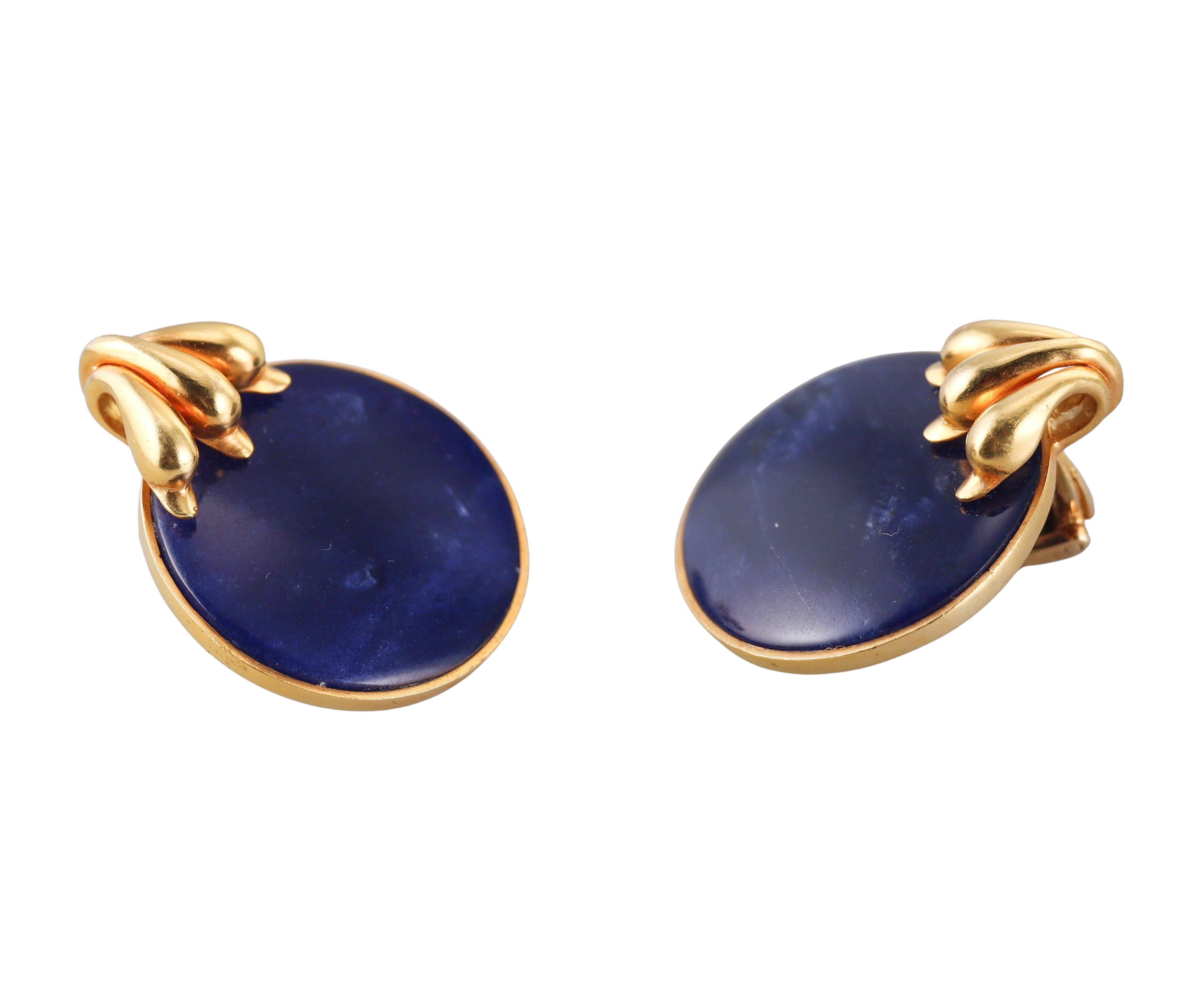 Ilias Lalaounis Greece Swan Sodalite Yellow Gold Large Earrings In Excellent Condition For Sale In New York, NY