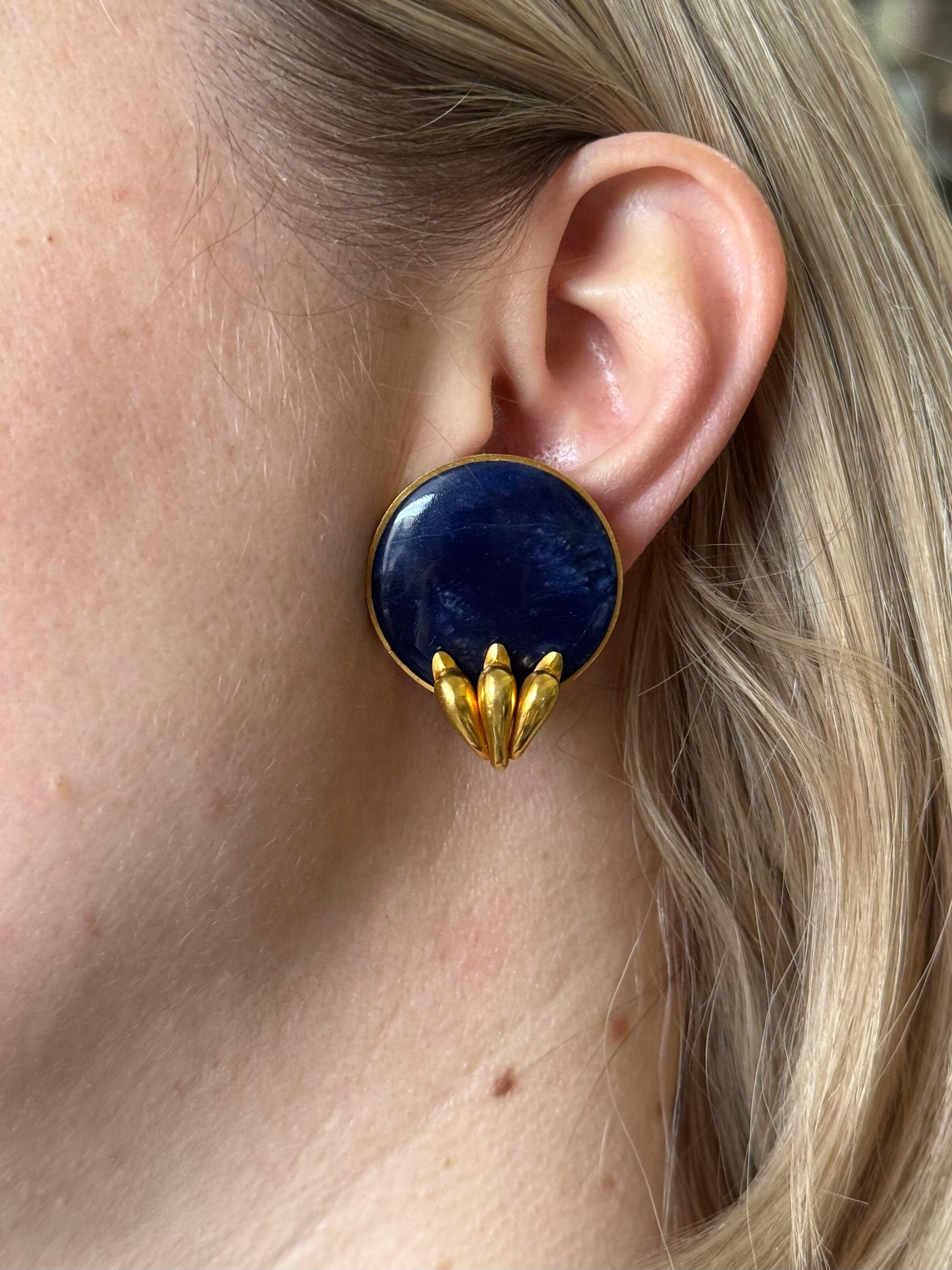 Ilias Lalaounis Greece Swan Sodalite Yellow Gold Large Earrings For Sale 4