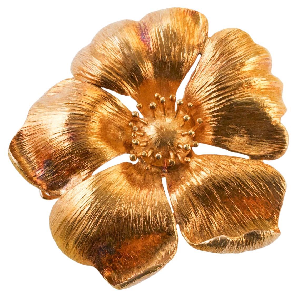 Ilias Lalaounis Greece Wild Rose Flower Gold Brooch For Sale
