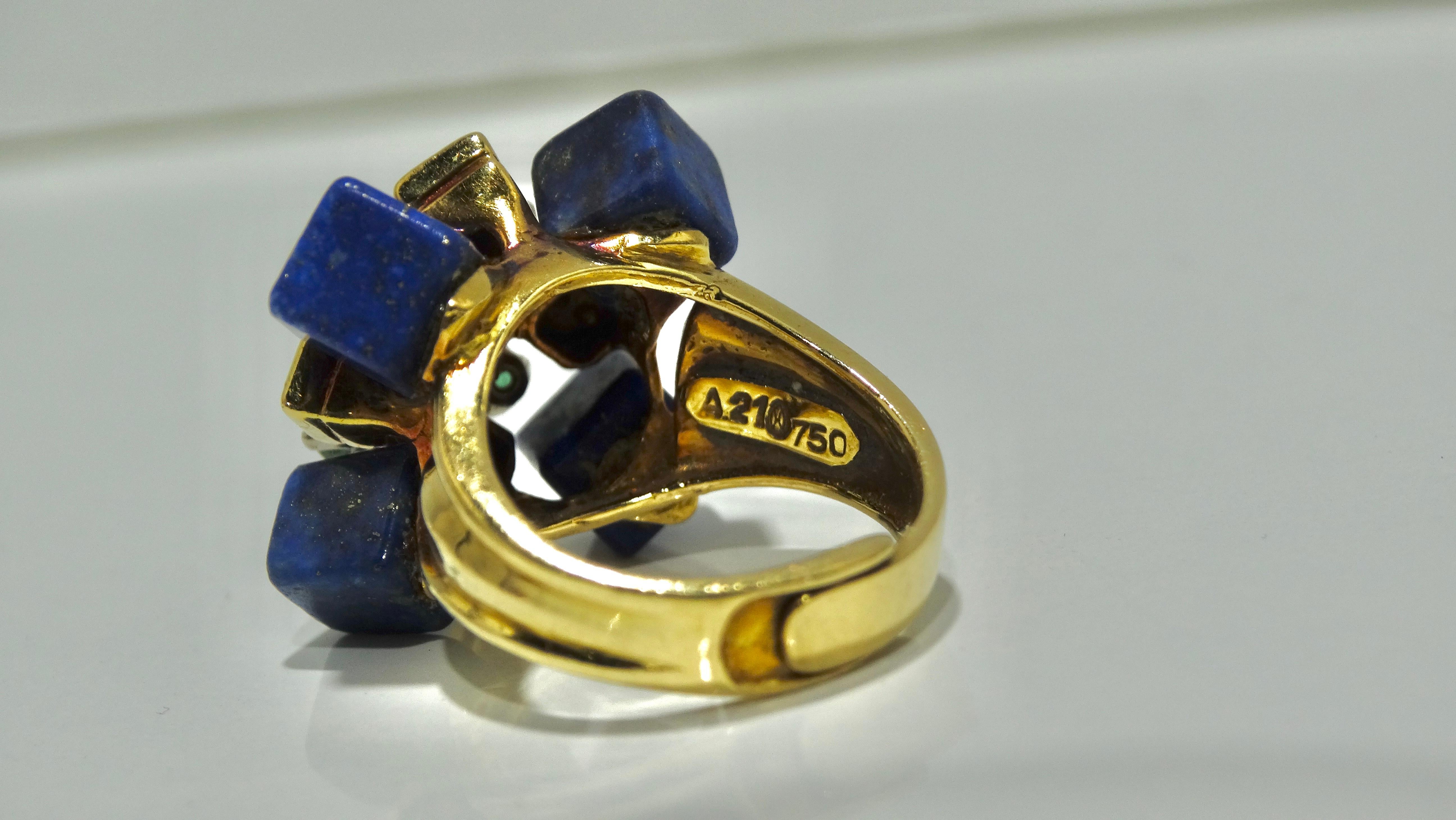 Art Deco Ilias Lalaounis, Lapis Lazuli, Emerald, Diamond, Gold Cocktail Ring  For Sale