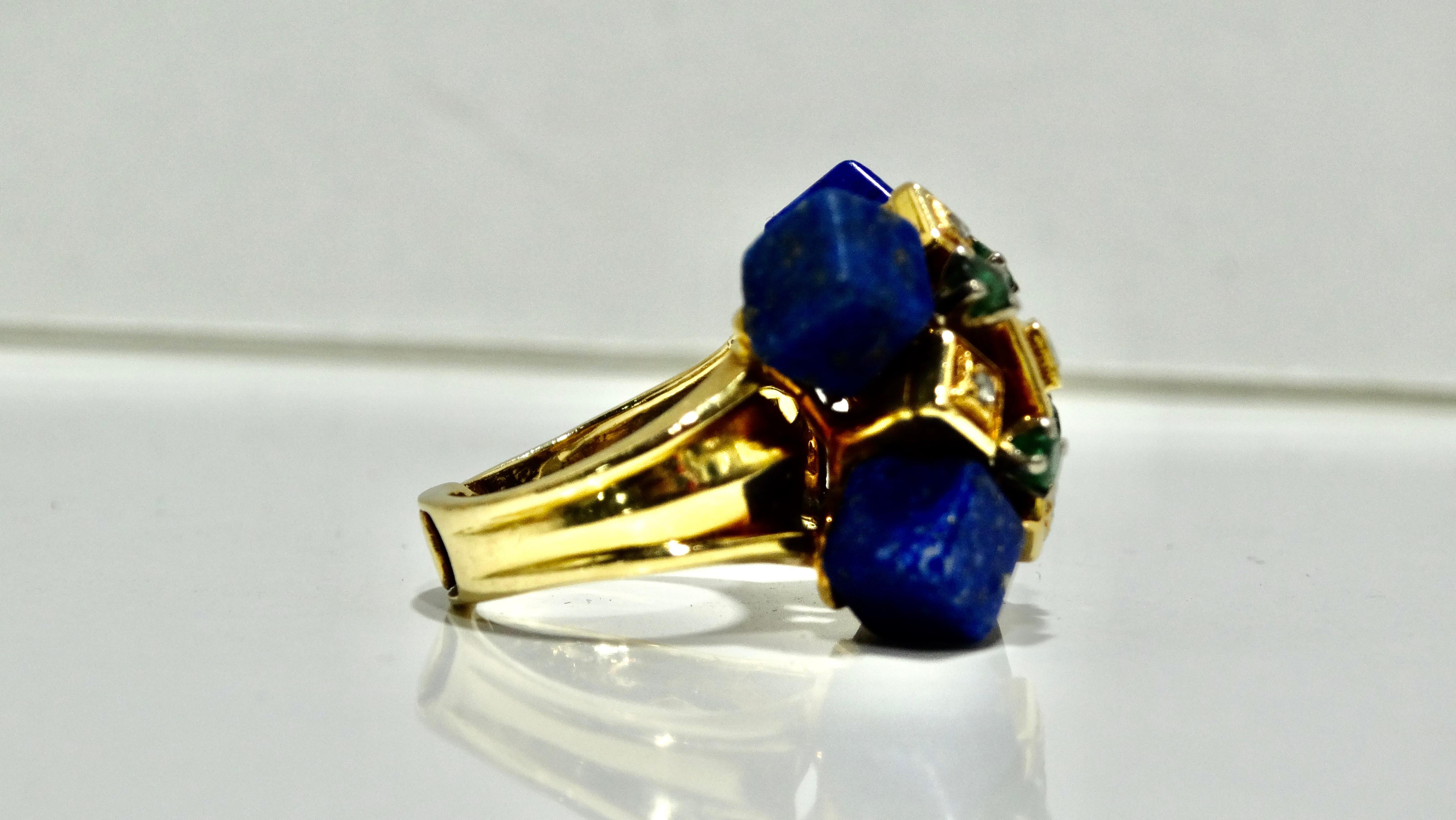 Emerald Cut Ilias Lalaounis, Lapis Lazuli, Emerald, Diamond, Gold Cocktail Ring  For Sale