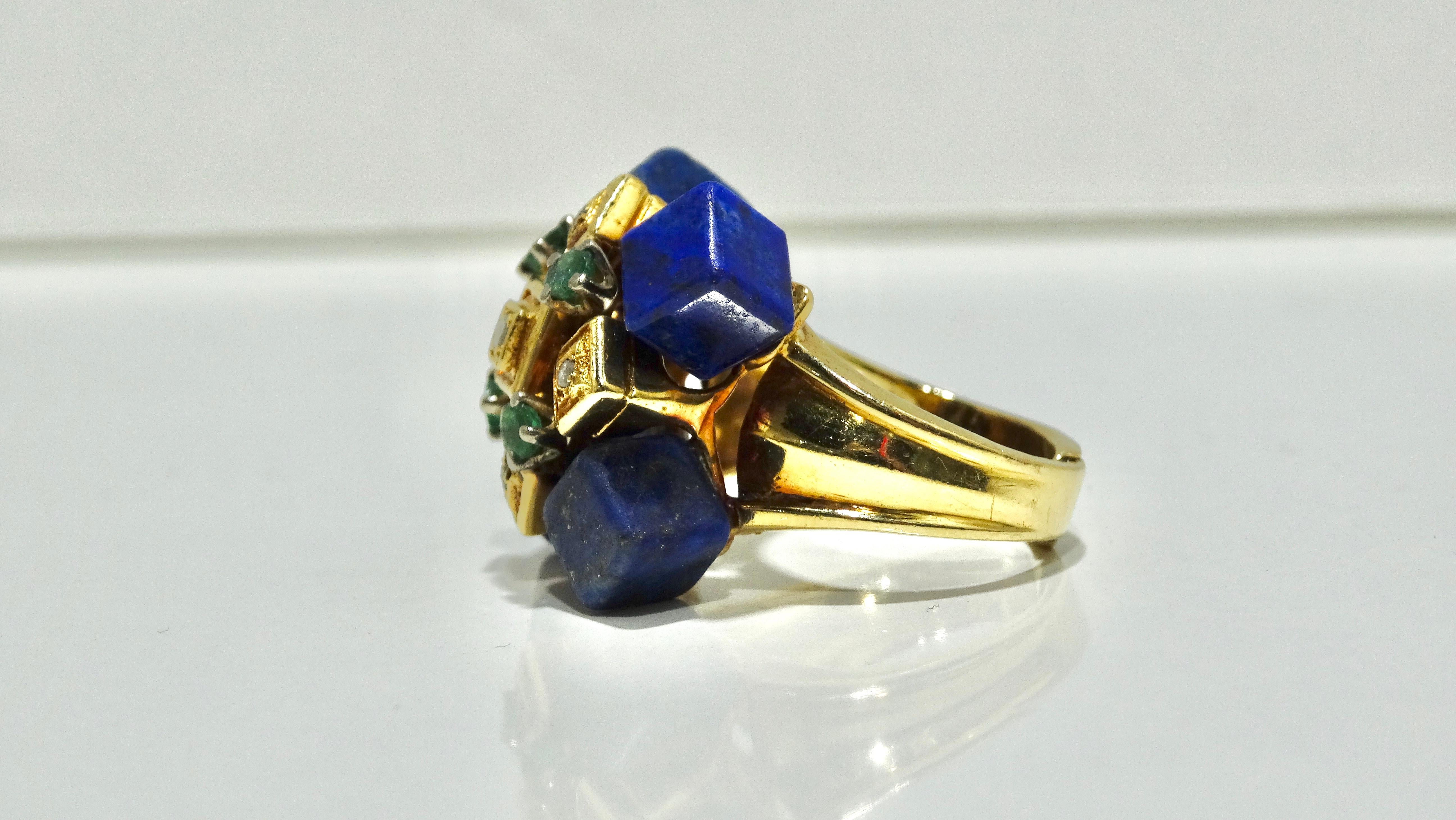 Ilias Lalaounis, Lapis Lazuli, Emerald, Diamond, Gold Cocktail Ring  In Excellent Condition For Sale In Scottsdale, AZ