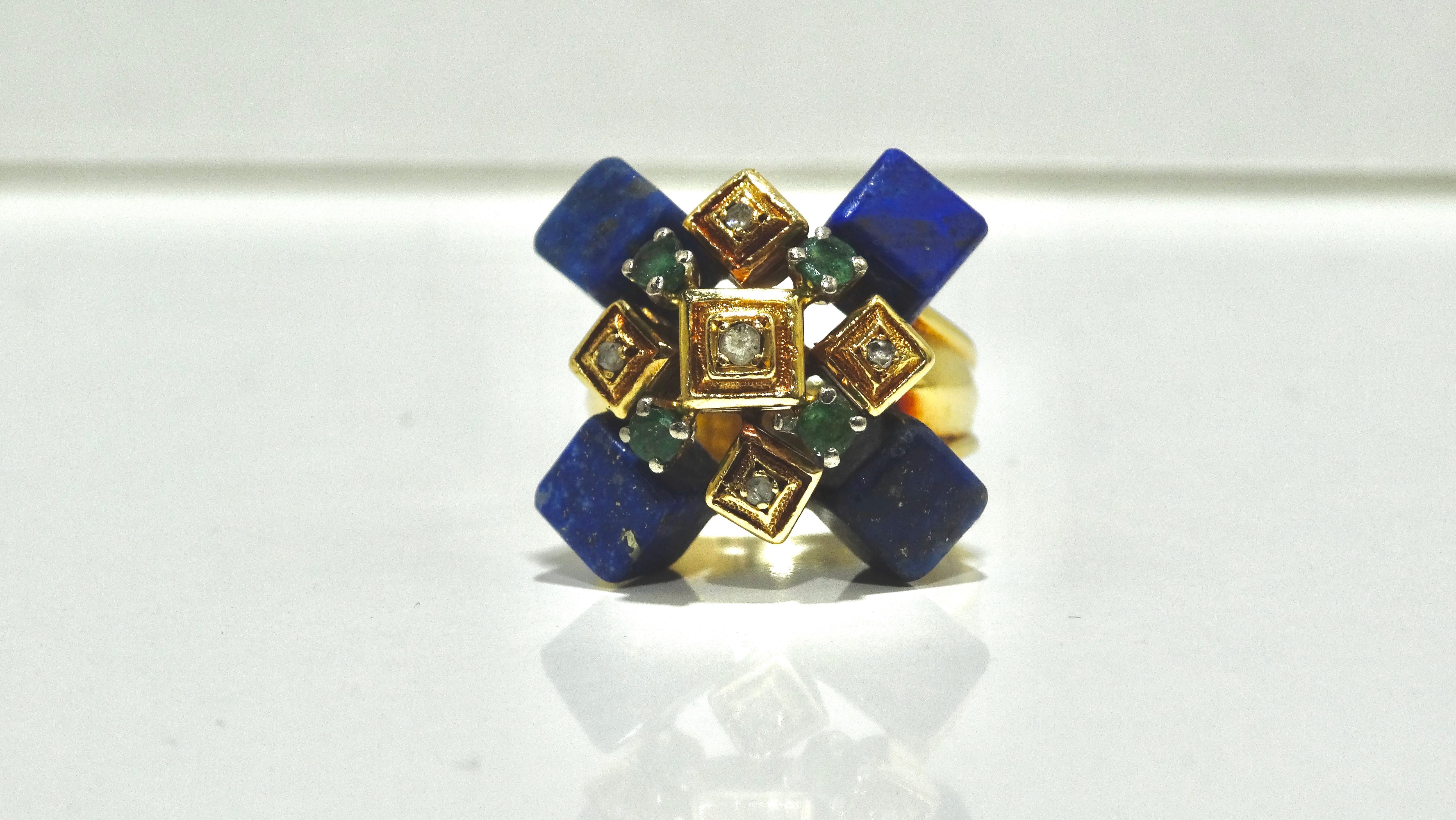 Ilias Lalaounis, Lapis Lazuli, Emerald, Diamond, Gold Cocktail Ring  For Sale